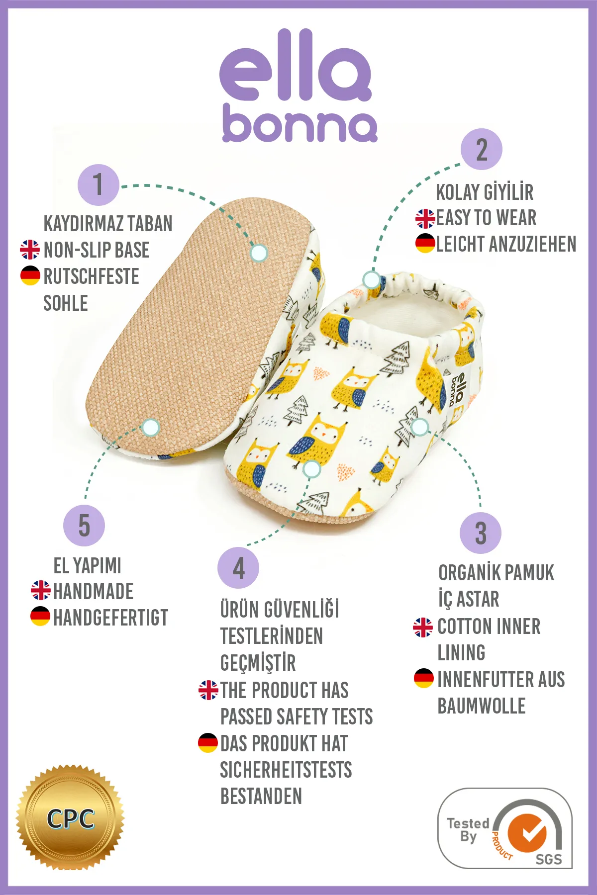 Ella Bonna  Anti-Rutsch-Sohle, Vogelmuster, Babyschuhe, Heimstiefel, Hausschuhe, Kinderzimmerschuhe, Hausschuhe