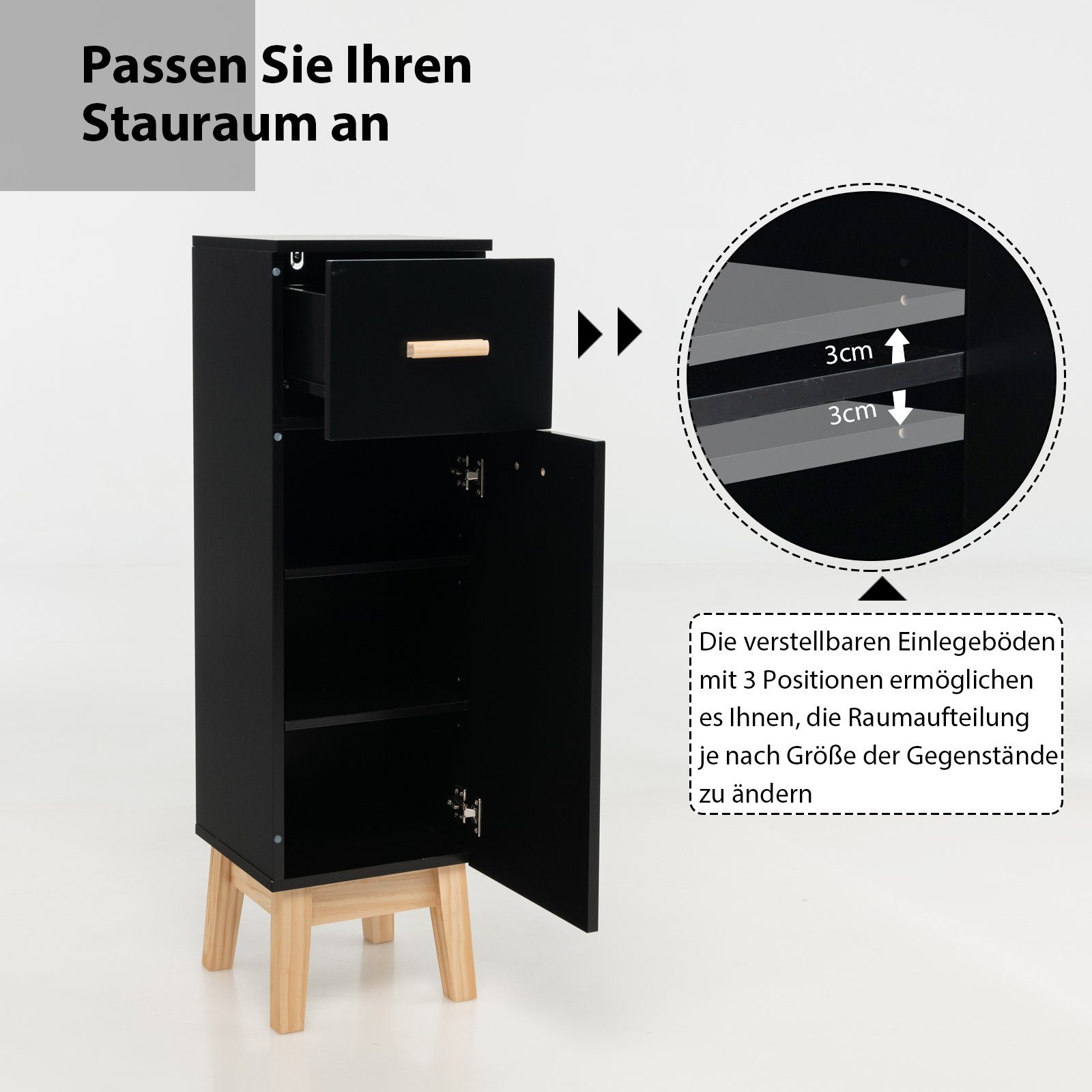 COSTWAY Badkommode, mit Schublade, Tür&Fächern, freistehend, 30x30x102cm