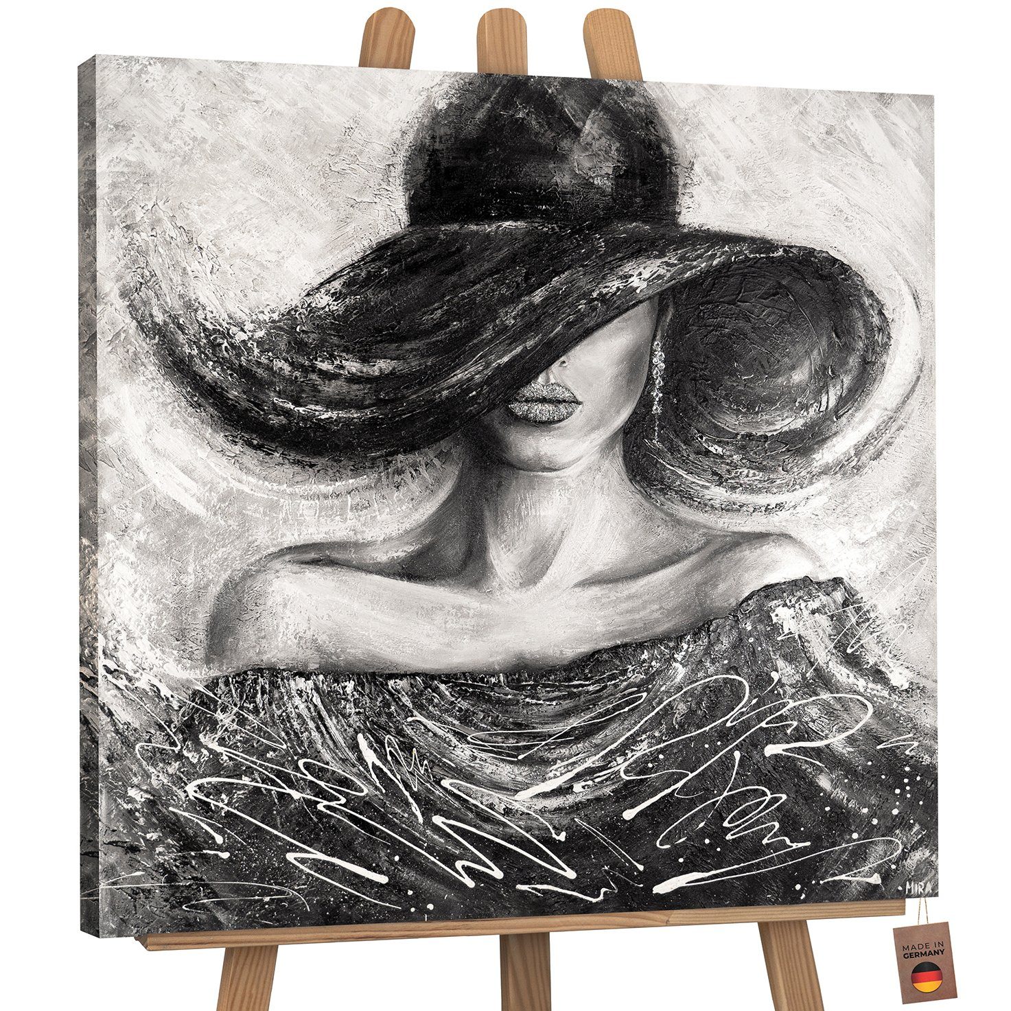 YS-Art Gemälde Charme, Menschen, Leinwand Bild Handgemalt Quadratisch Frau mit Hut schwarz