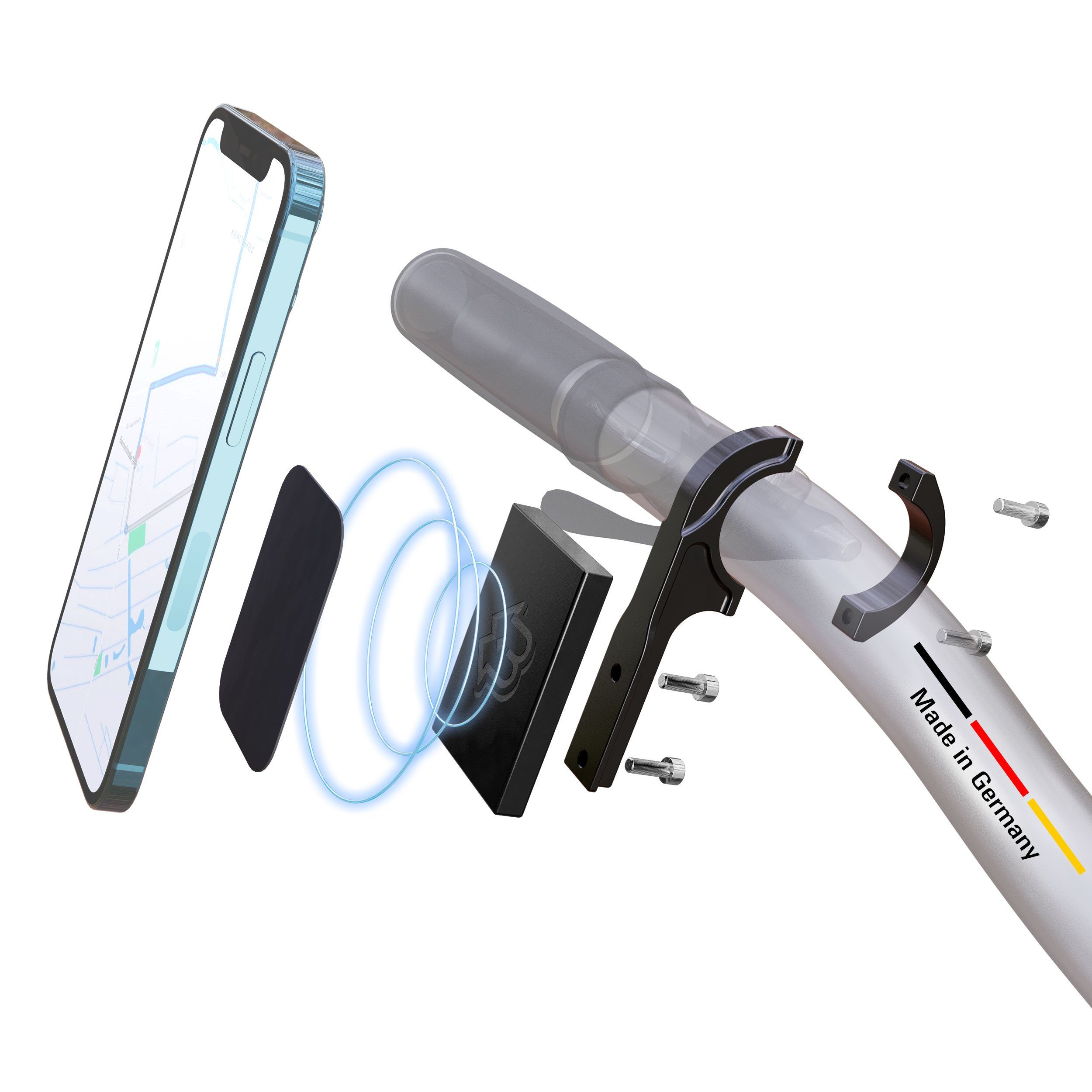Bauer United Bauer United Universal 2.0 Handyhalterung Fahrrad Magnet, Made in Germany, robuste Magnethalterung für E Bike, Motorrad, E Scooter und Kinderwagen, Fahrrad Handyhalterung Magnet für jedes Handy Smartphone-Halterung, (Magnetisch, Stabil,