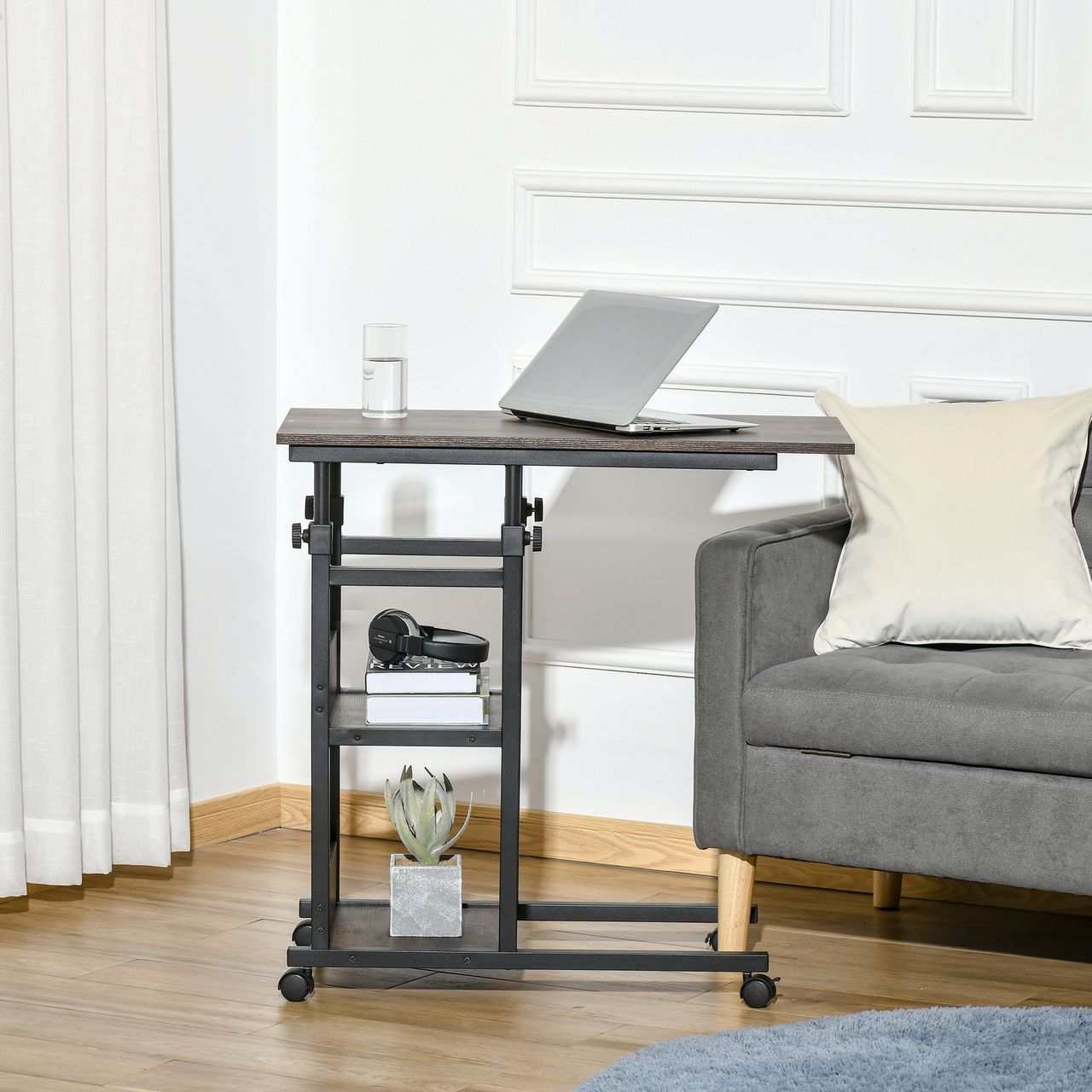 HOMCOM Beistelltisch Couchtisch mit Rollen höhenverstellbar 2 untere Regale