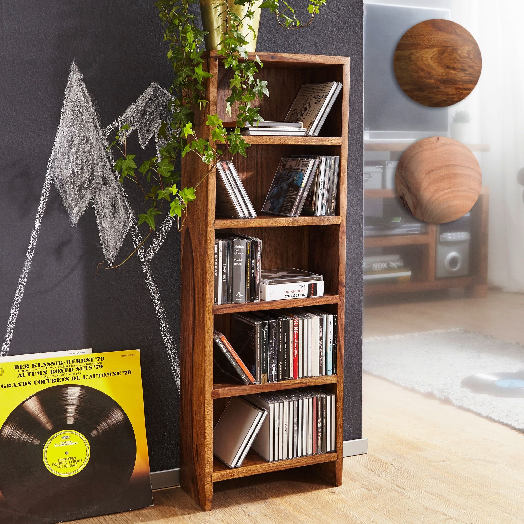 FINEBUY CD-Regal SuVa3538_1, Sheesham Massivholz 90 cm, Standregal für CDs, CD-Aufbewahrung 5 Fächer, Bücherregal Landhausstil