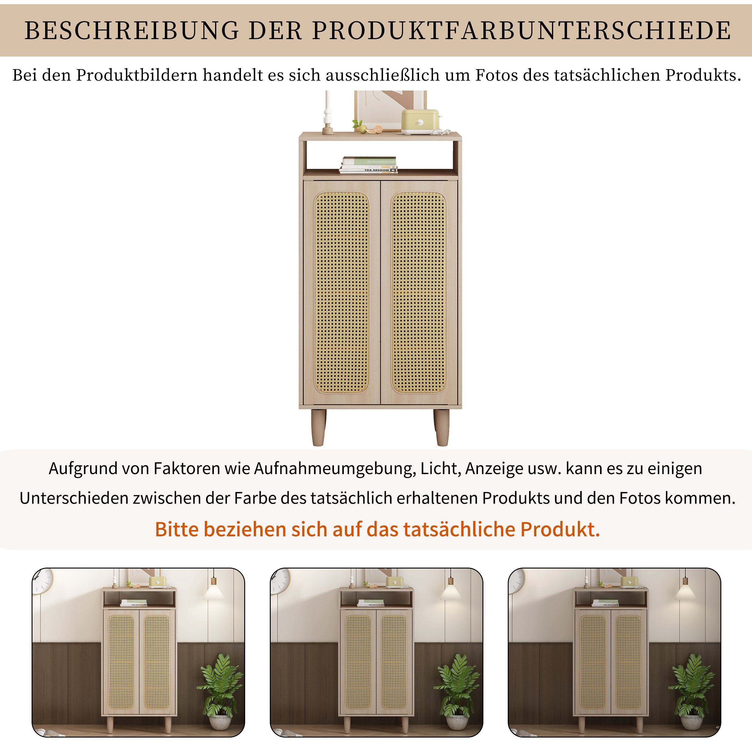 REDOM Highboard Sideboard (mit Rattantüren und offenen Fach), Sideboard mit verstellbare Einlegeböden