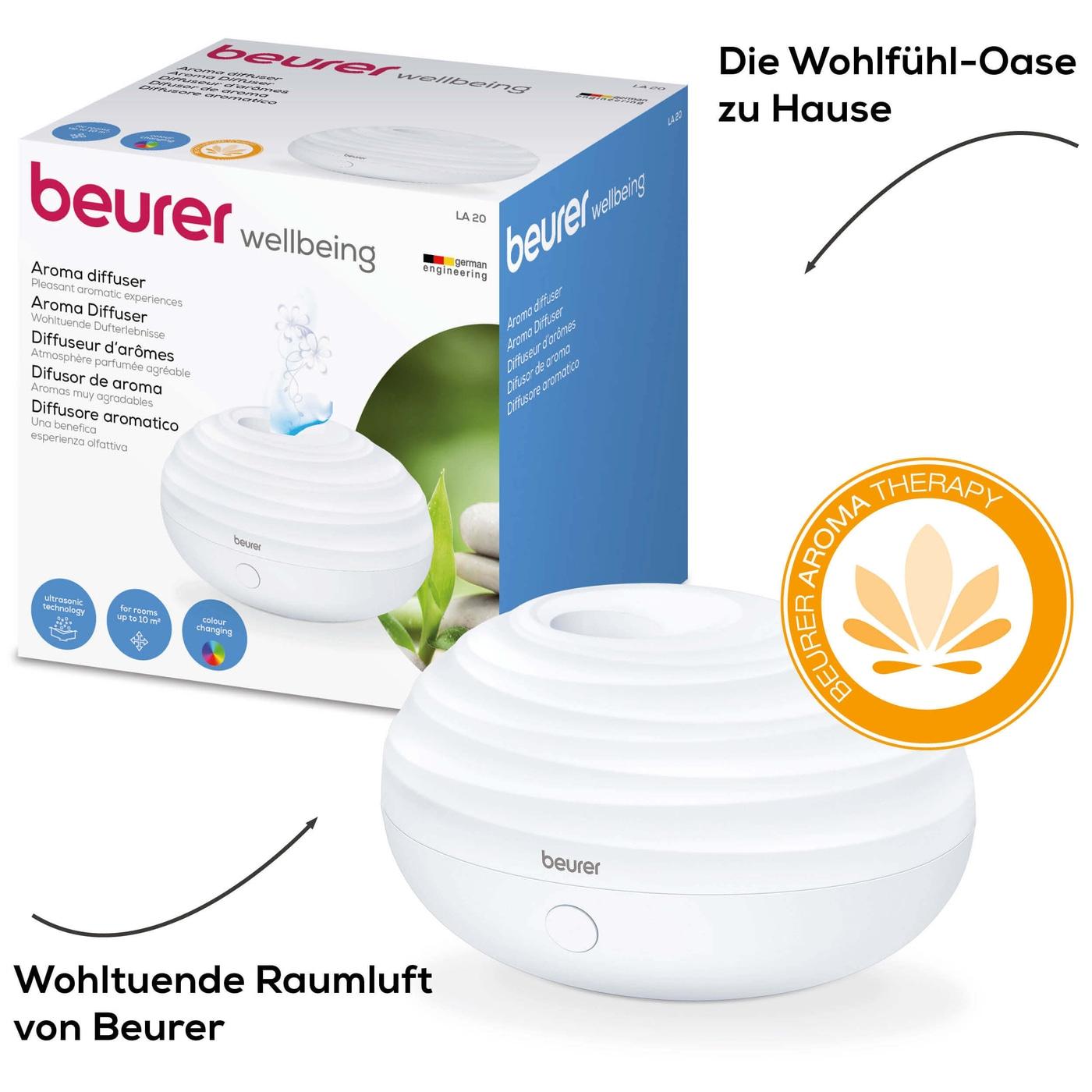Beurer Aroma Diffuser LA 20-Mobiler Diffuser mit LED-Farblicht für Duft & Raumbefeuchtung bis 10 m²