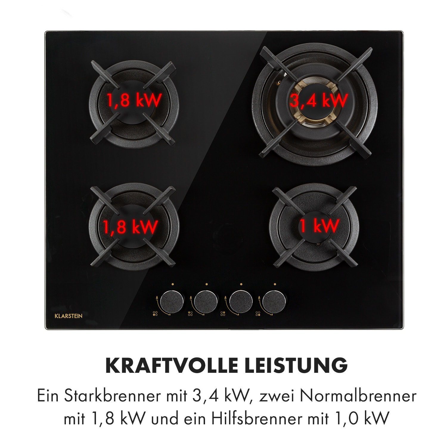 Klarstein Gas-Kochfeld Goldflame 4 Gaskochfeld 4-flammig Messing-Brenner Glaskeramik schwarz CP11-Goldflame-4, Einbau Gas Kochfeld Gasherd 4 Platten Kochplatte Einbaukochfeld