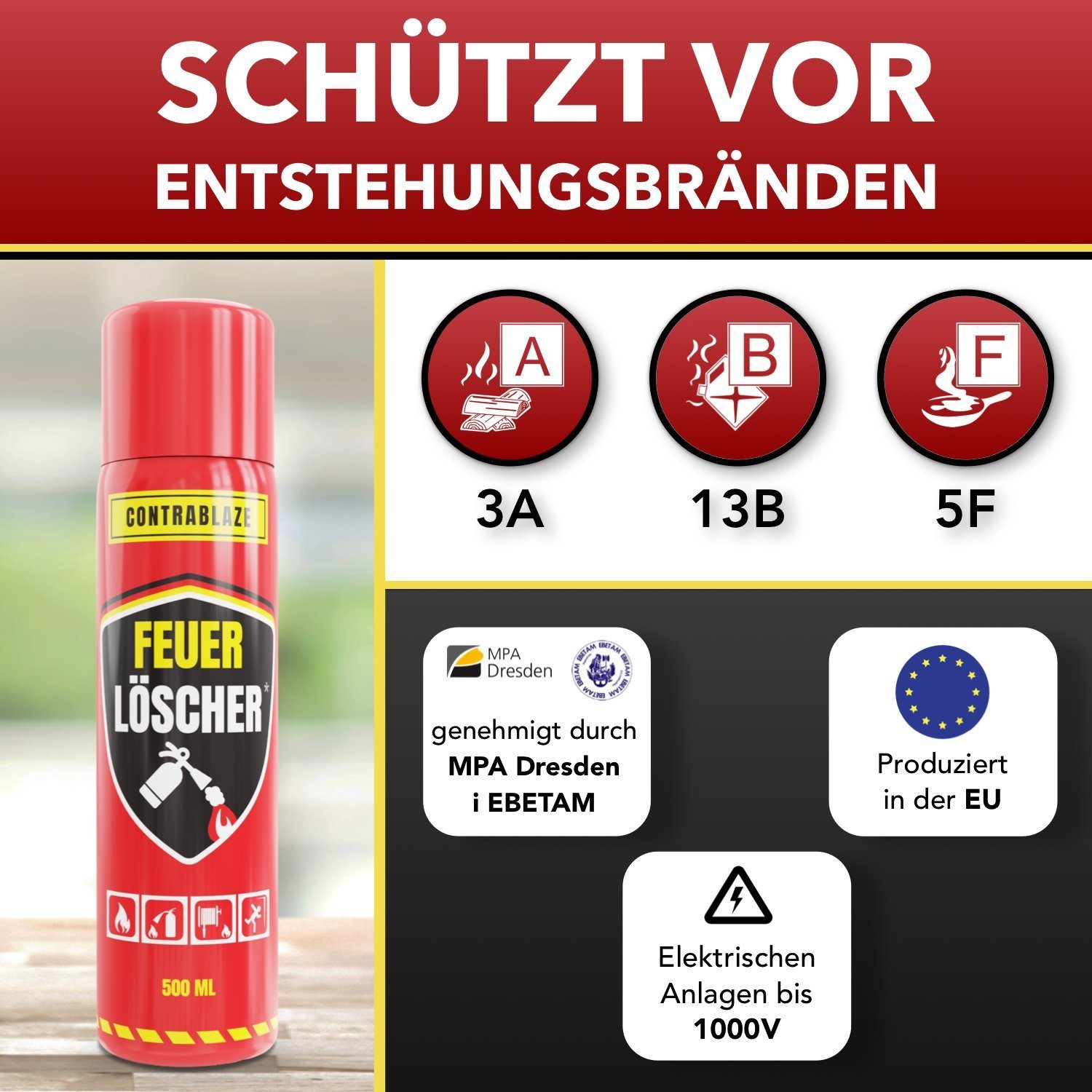 CONTRABLAZE Feuerlöschspray 1x 500ml gegen Fett- und Entstehungsbrände, für mehr Sicherheit im Haushalt, (Spar-Set, 1-St., Unterschiedliche Stückanzahl) Optimal geeignet für die Küche, Grill, Auto, Kabel- und Fettbrände