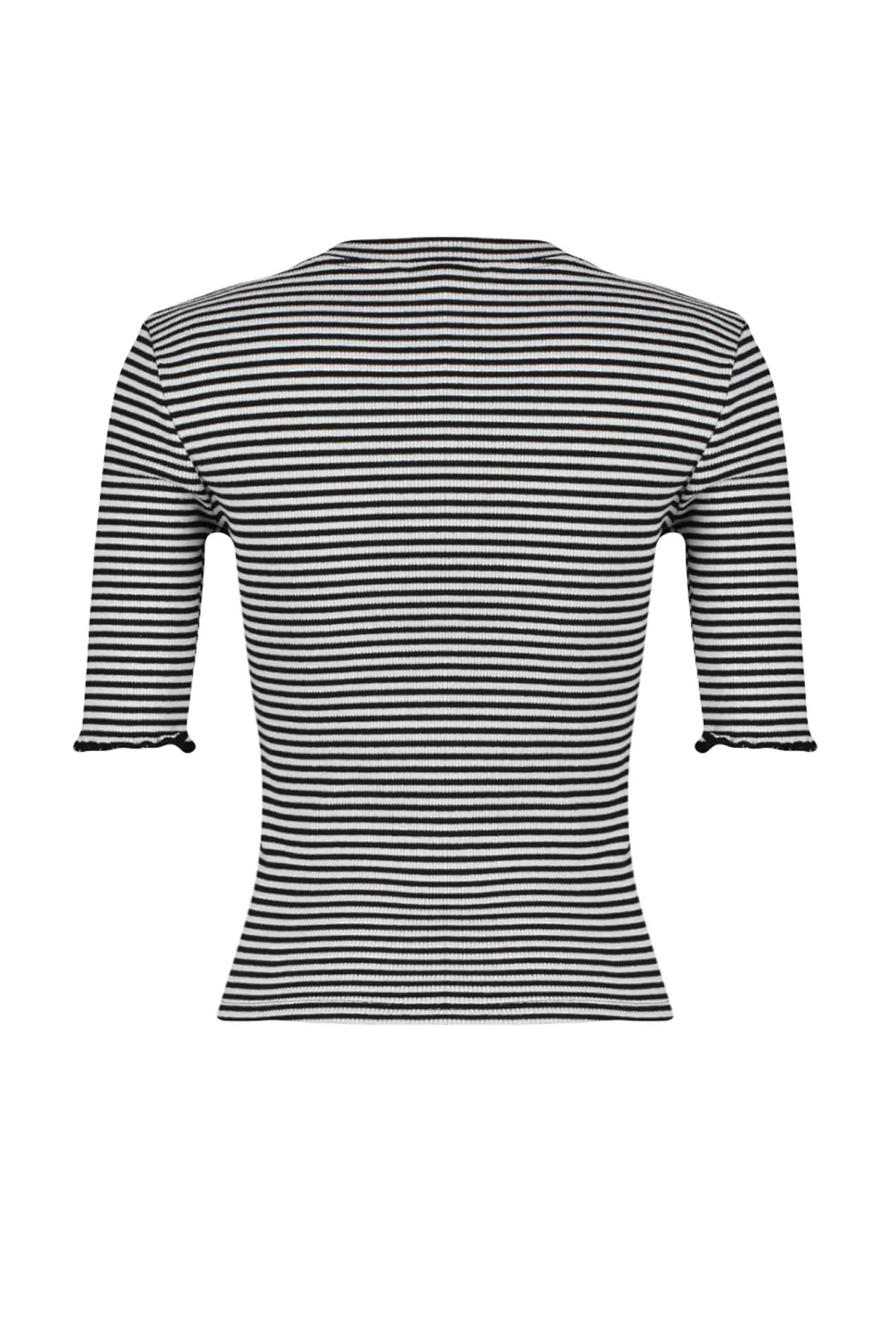 Trendyol Collection  Schwarz-weiß gestreifte, gerippte, taillierte, dehnbare Strickbluse mit Rundhalsausschnitt TWOSS23BZ00025