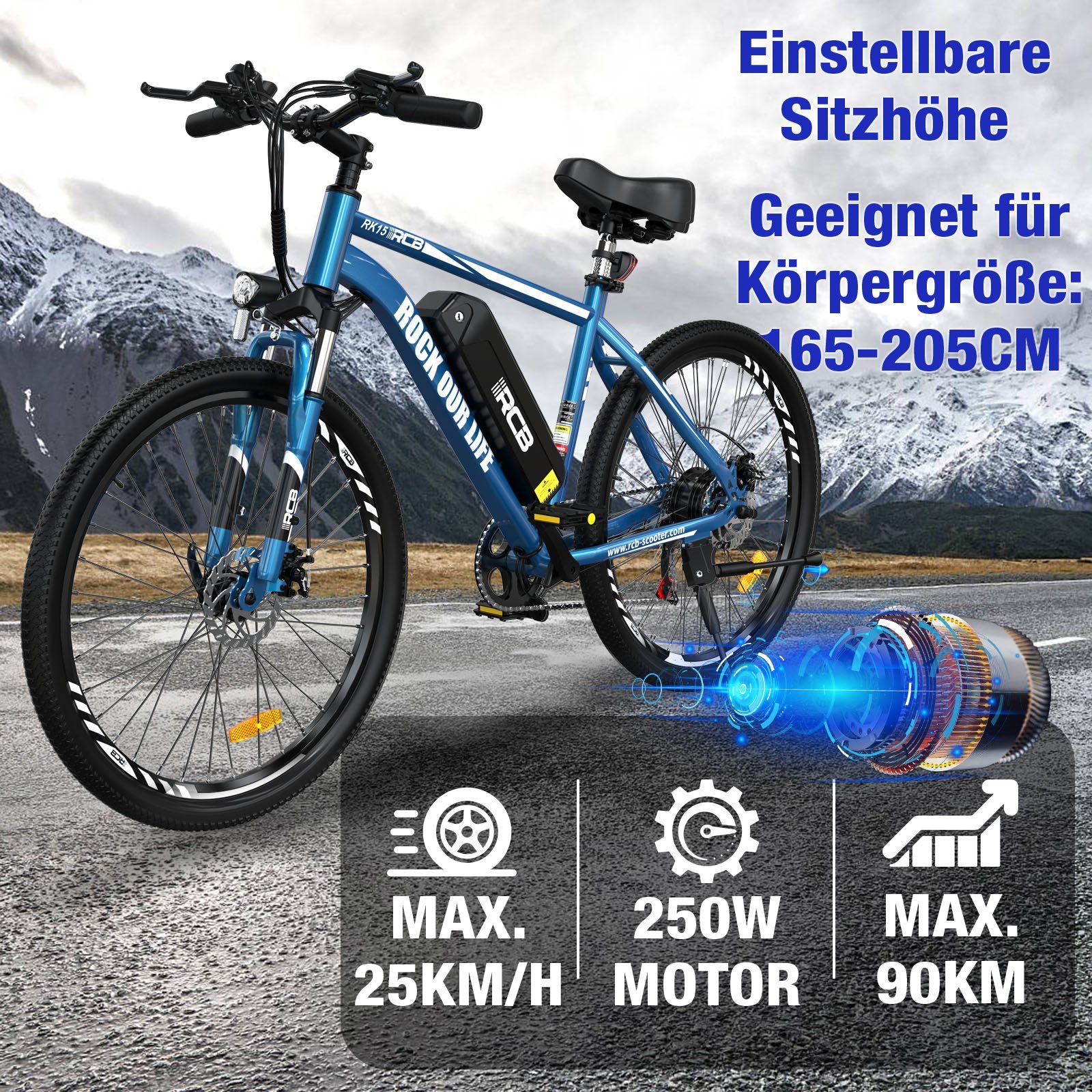 RCB E-Bike RK15 26 ZOLL, 7 Gang, 250w Heckmotor, MTB 36V11.2AH abnehmbarer Akku, Doppelscheibenbremse, Shimano 7G