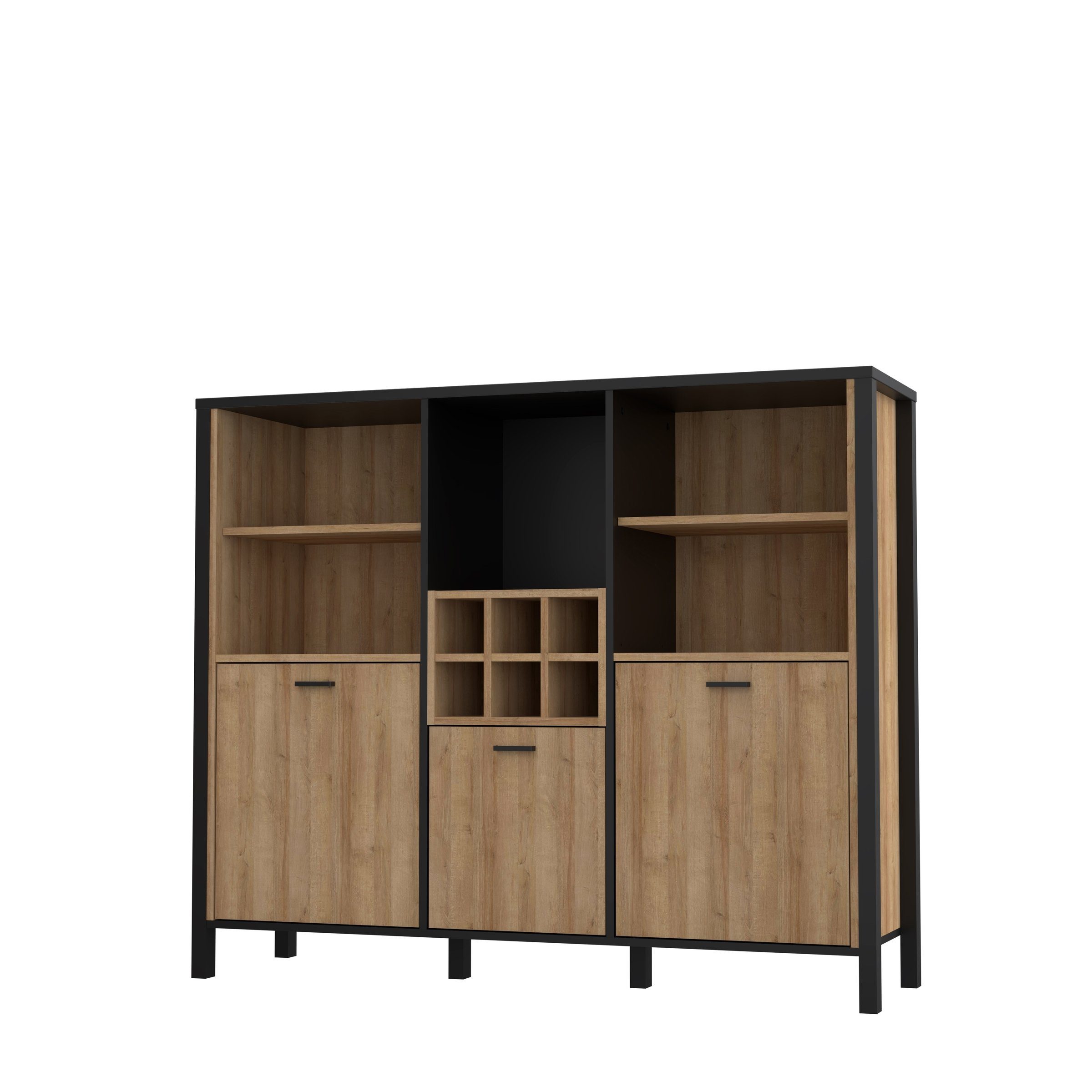 möbelando Barschrank Hialeah Barschrank im Industrial-Design aus Spanplatte in Riviera Eiche Nachbildung, Gestell in Schwarz mit 3 Holztüren, 4 Einlegeböden, 6 Flaschenfächern und 5 offenen Fächern. Breite 139,4 cm, Höhe 117,1 cm, Tiefe 40,2 cm