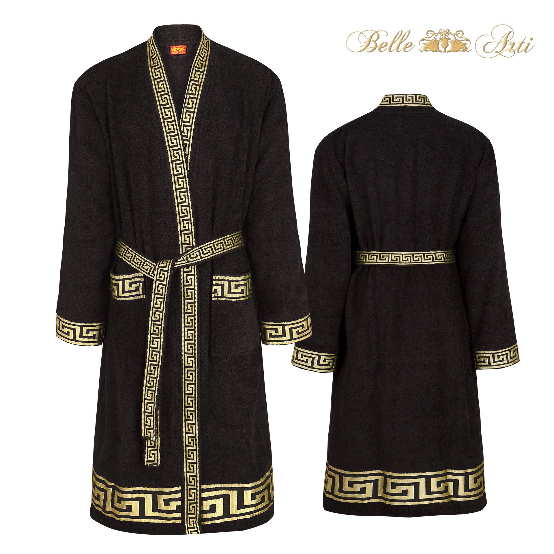 Belle Arti Bademantel Bademantel 100% Baumwolle Damen Herren Mäander Design Schwarz - Weiss, Kimono-Kragen, Gürtel, Unisex, mit 2 Vordertaschen, Kimonokragen und Gürtel, bestickte Bordüre