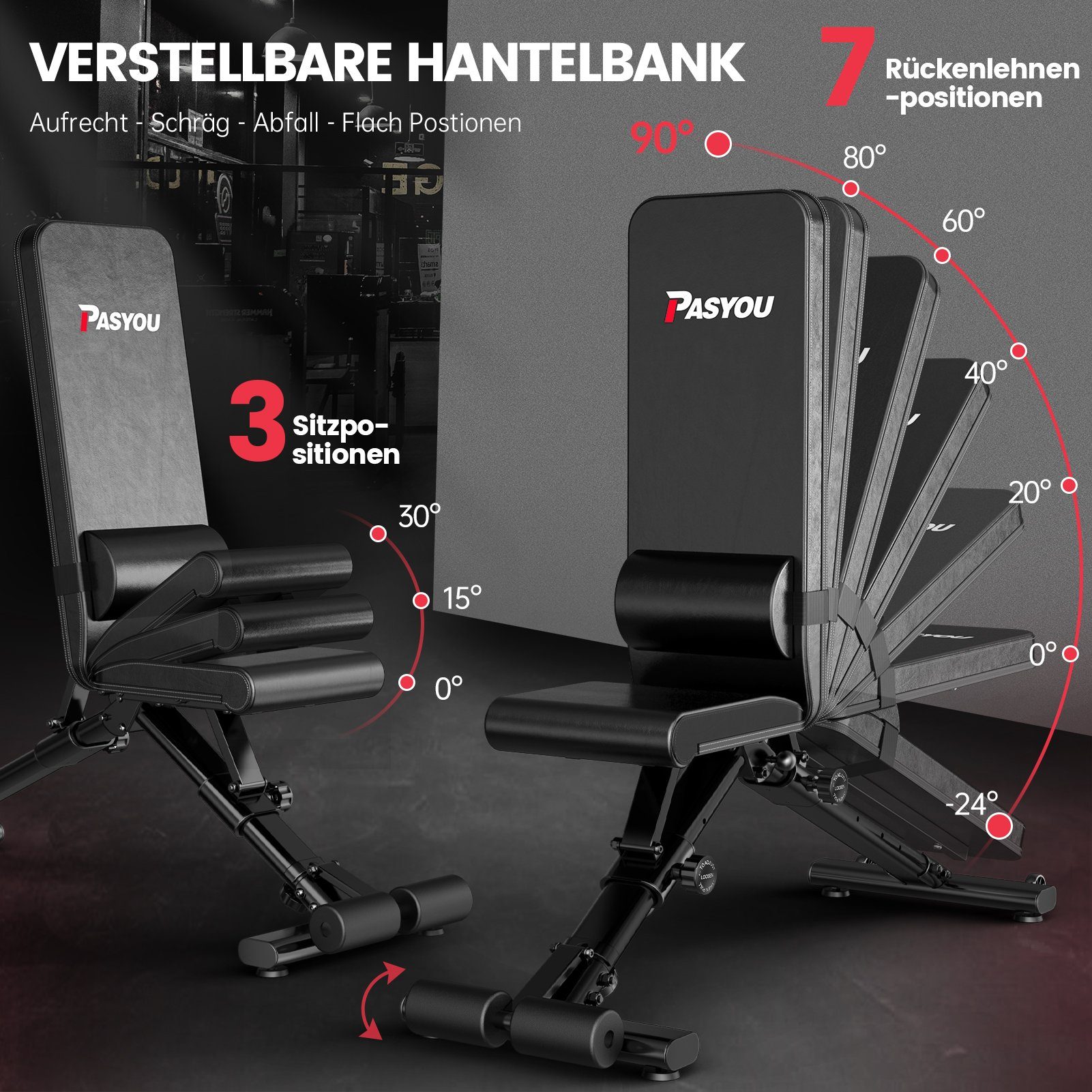 PASYOU Hantelbank PA500 Klappbare Verstellbare Hantelbank, Bankdücken Bank für zu Hause, 400KG Gewichtsbelastung