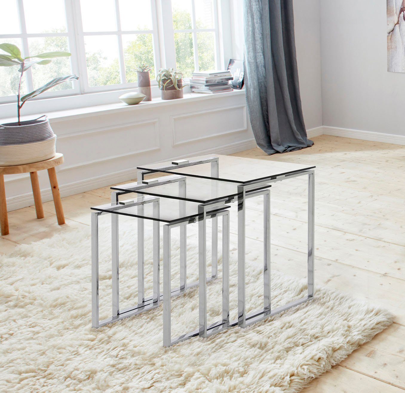 ACTONA GROUP Beistelltisch Karina (Set), mit einer Glastischplatte aus klarem Glas und Chromgestell