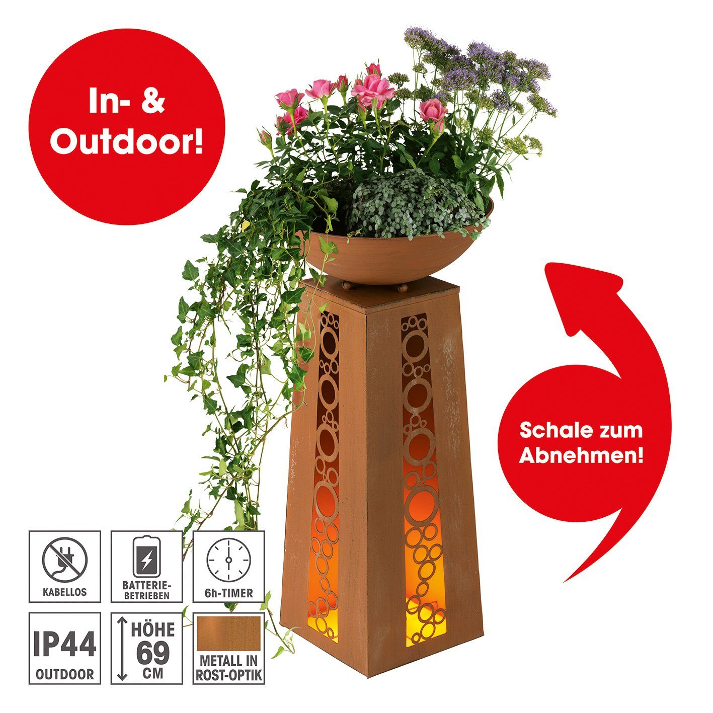 EASYmaxx Dekosäule Flamme, Pflanzschale Garten Deko Kübel Säule LED 69 cm Rost-Optik