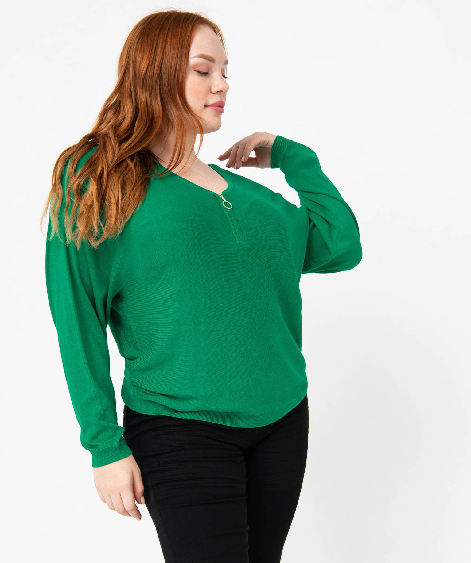Pull fin avec col V zippé femme grande taille vert | GEMO