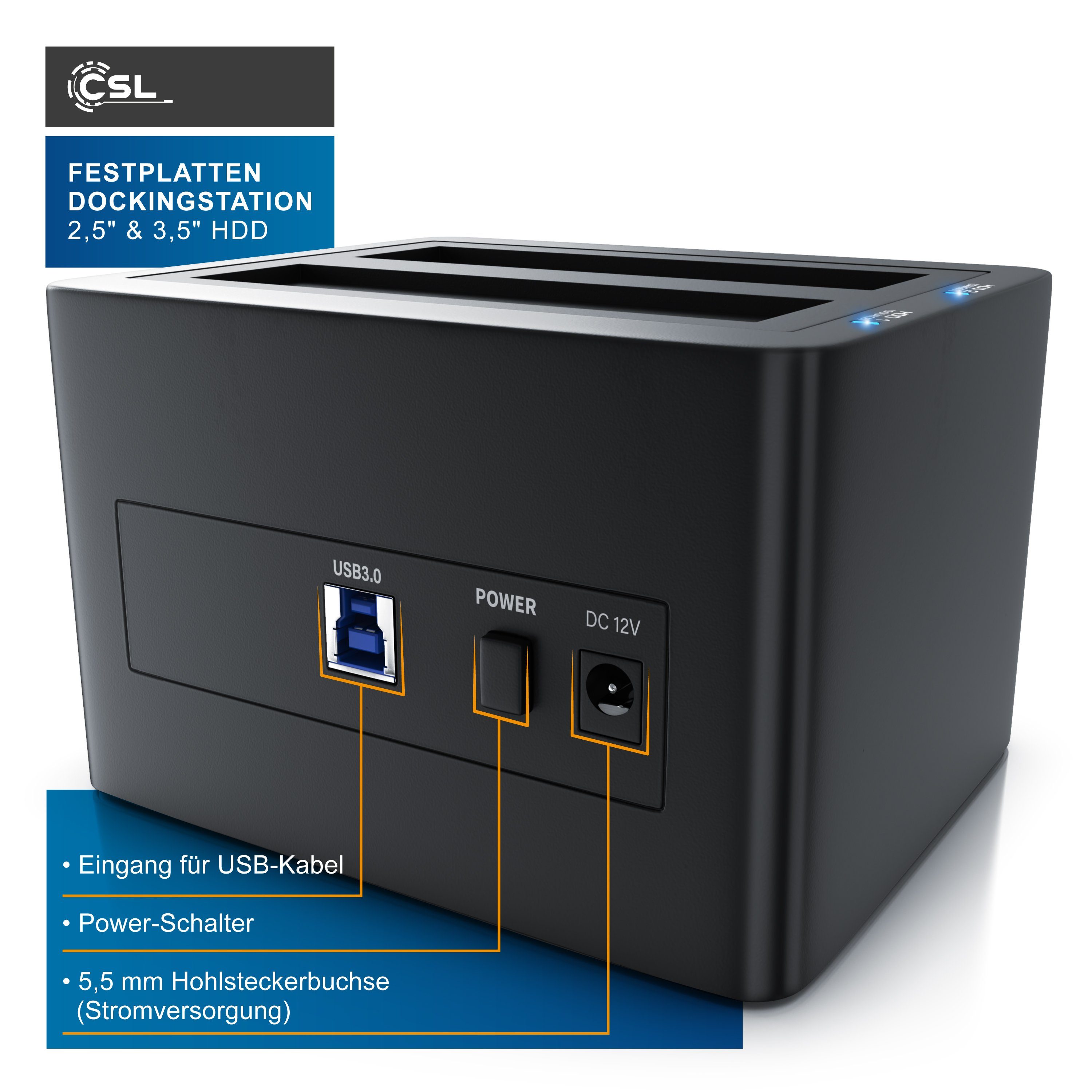 CSL Festplatten-Dockingstation, USB 3.2 Gen 1 Festplattendockingstation, Klonfunktion für 2,5