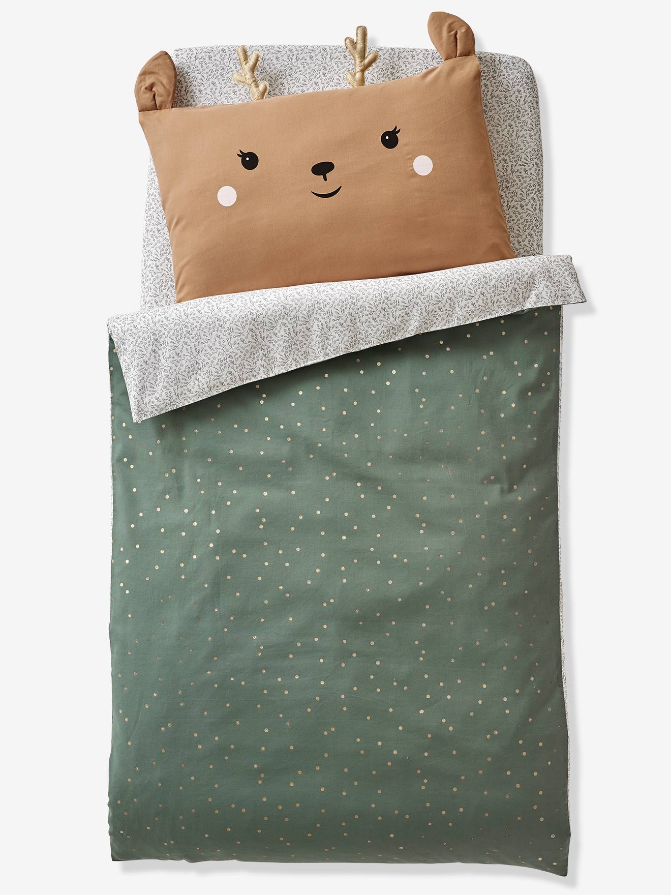 Vertbaudet Baby Kissenbezug GRÜNER WALD, Reh Oeko-Tex - beige