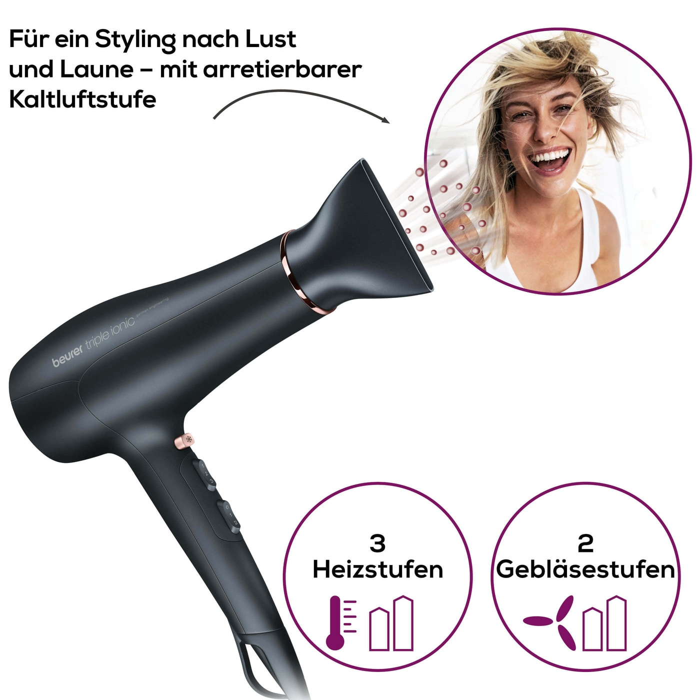 Beurer Haartrockner - HC 50-Haarschonender Föhn mit 2 Aufsätzen & 3-stufiger Ionen-Technology