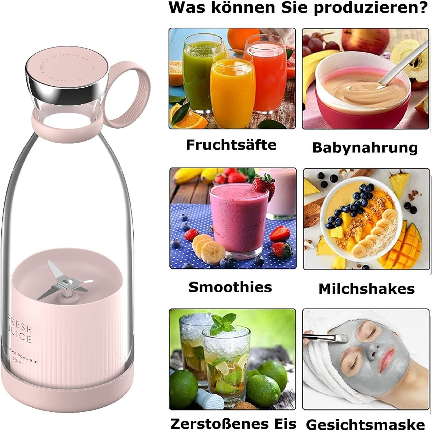 iceagle Akku-Smoothie-Maker 350ml Mini-Mixer, frischer Saft, kleiner Mixer USB, wiederaufladbarer, 20000r/min, 304 sus, leicht zu tragen, Anti-False-Touch