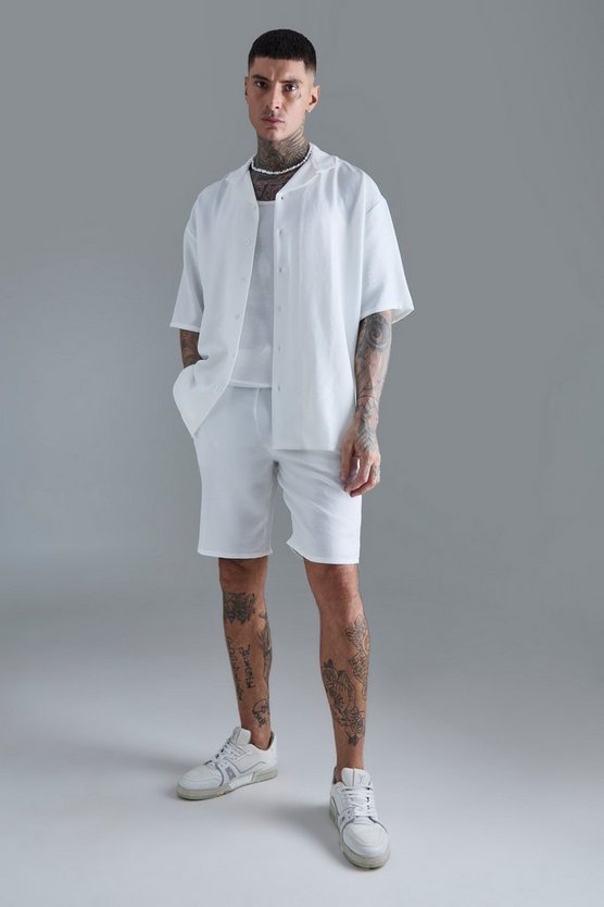 Tall kurzärmliges Leinen-Hemd & Shorts in Weiß