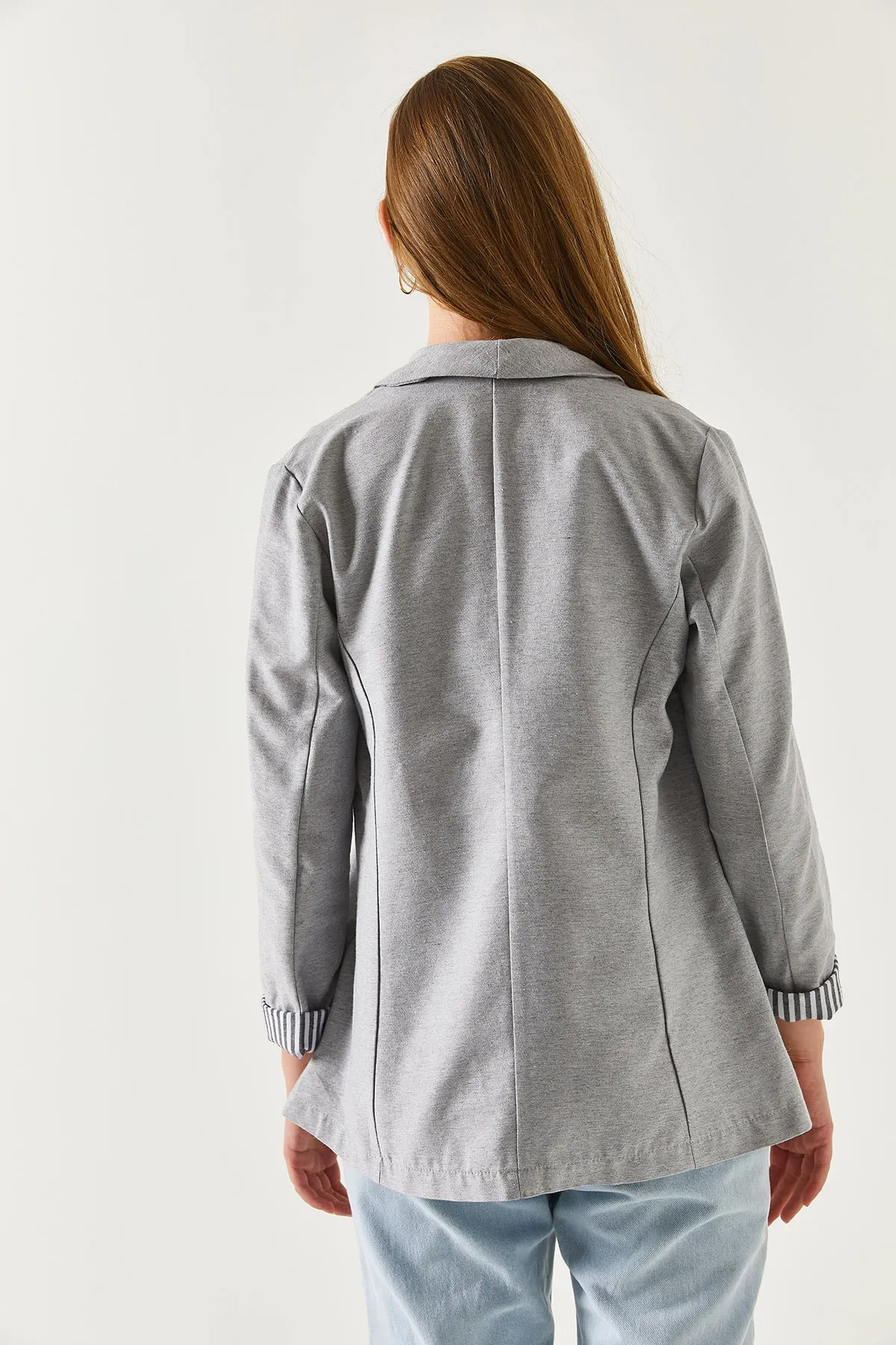 armonika  Grau gestreifte Damenjacke mit einem Knopf am Innenärmel Arm-22K001122