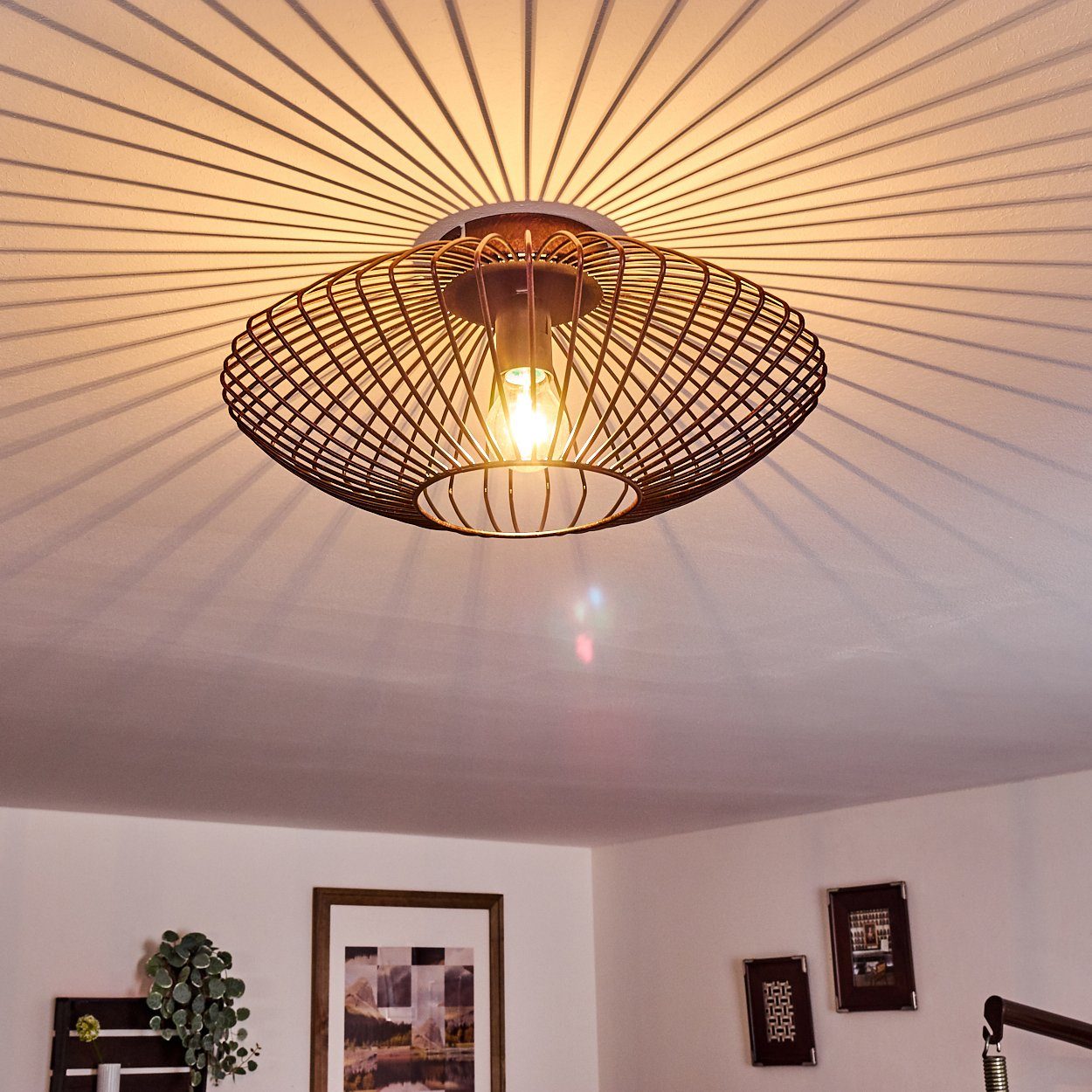 hofstein Deckenleuchte Pieris runde Deckenlampe aus Metall in Schwarz/Kupfer, ohne Leuchtmittel, E27, Retro-Leuchte mit Lichteffekt durch Gitter-Optik