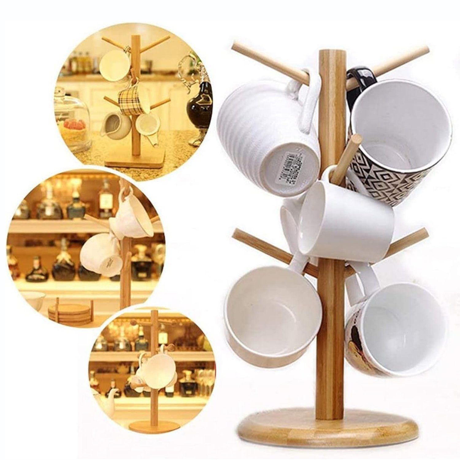 Bedee Gläserhalter Tassenhalter Becherhalter Bambus, Kaffee Tassenhalter mit 6 Haken (Baum Becher Halter Baum Kaffeebecher Gestell Getränkehalter, 1 St., Brezelständer aus Bambus), Rack Regal für Küche Zähler und Display Besteck Lagerung und Trocknun