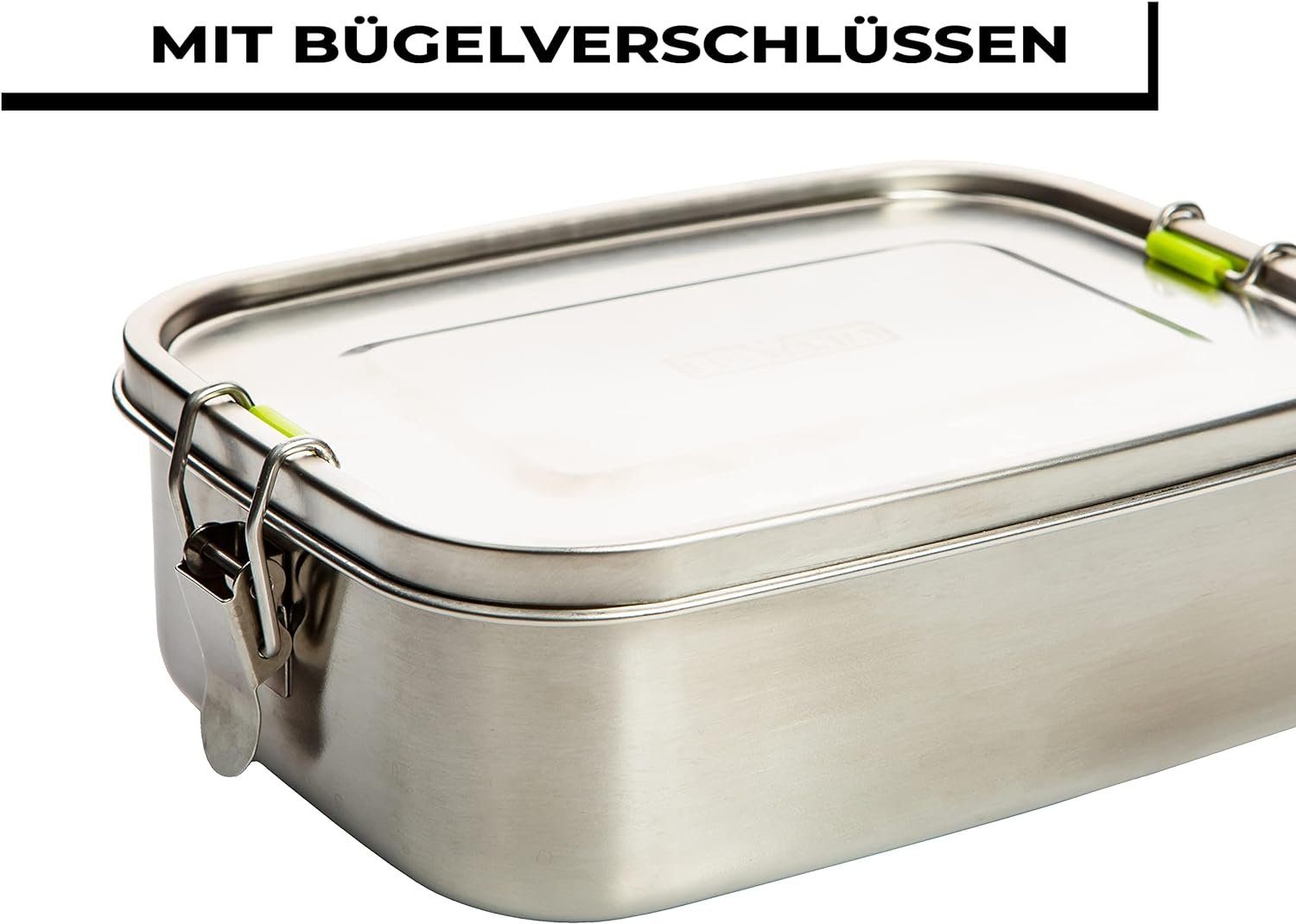 Centi Lunchbox 2er Set Brotdose Edelstahl mit Fächern, 1l Brotzeitbox, Edelstahl, (20 x 14 x 6 cm), Brotdose für Erwachsene und Kinder mit Dichtung und Bügel-Verschluss