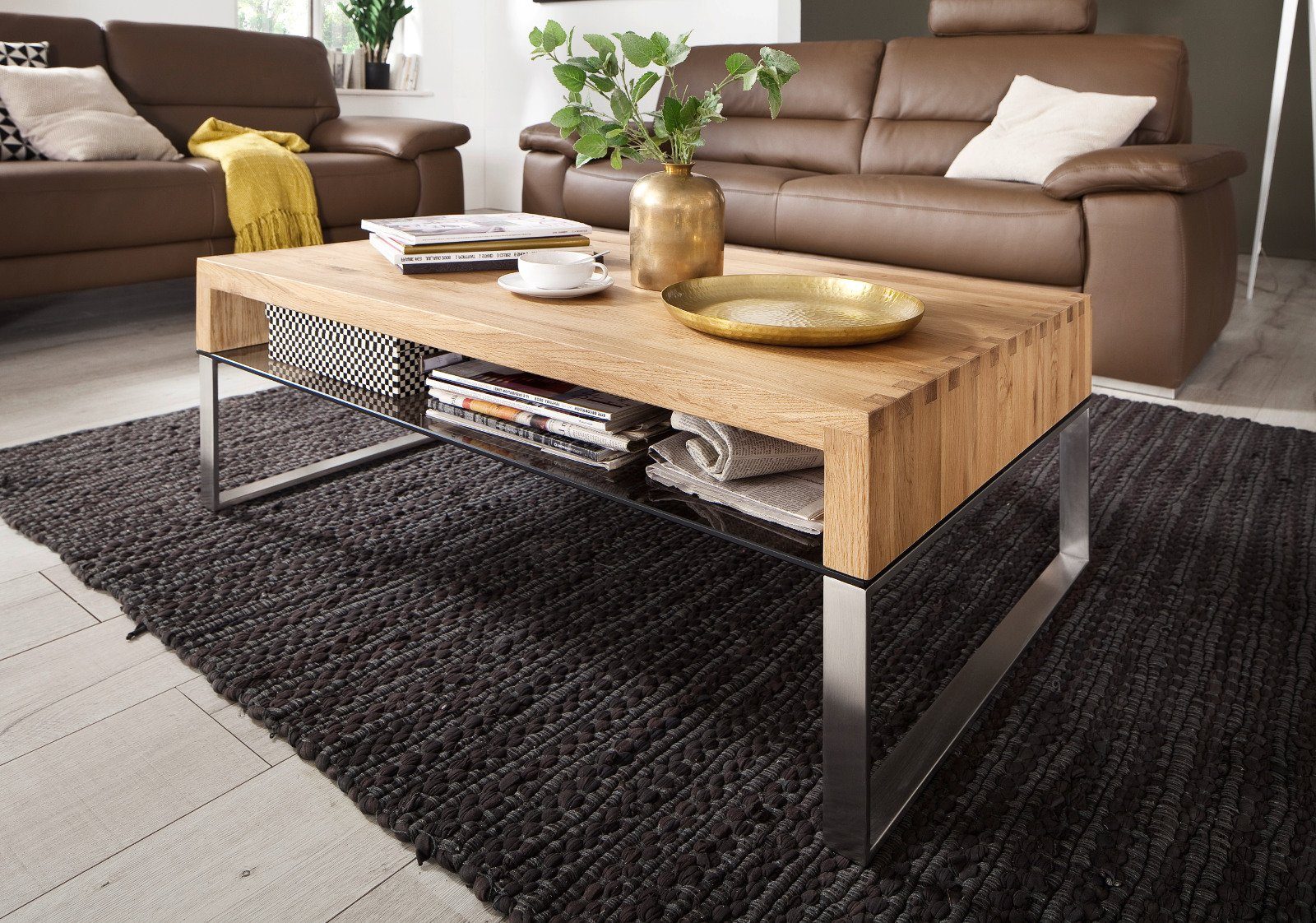 MCA furniture Couchtisch Hilary (Wohnzimmer Tisch mit Ablage, 110 x 70 cm), Asteiche massiv und Edelstahl