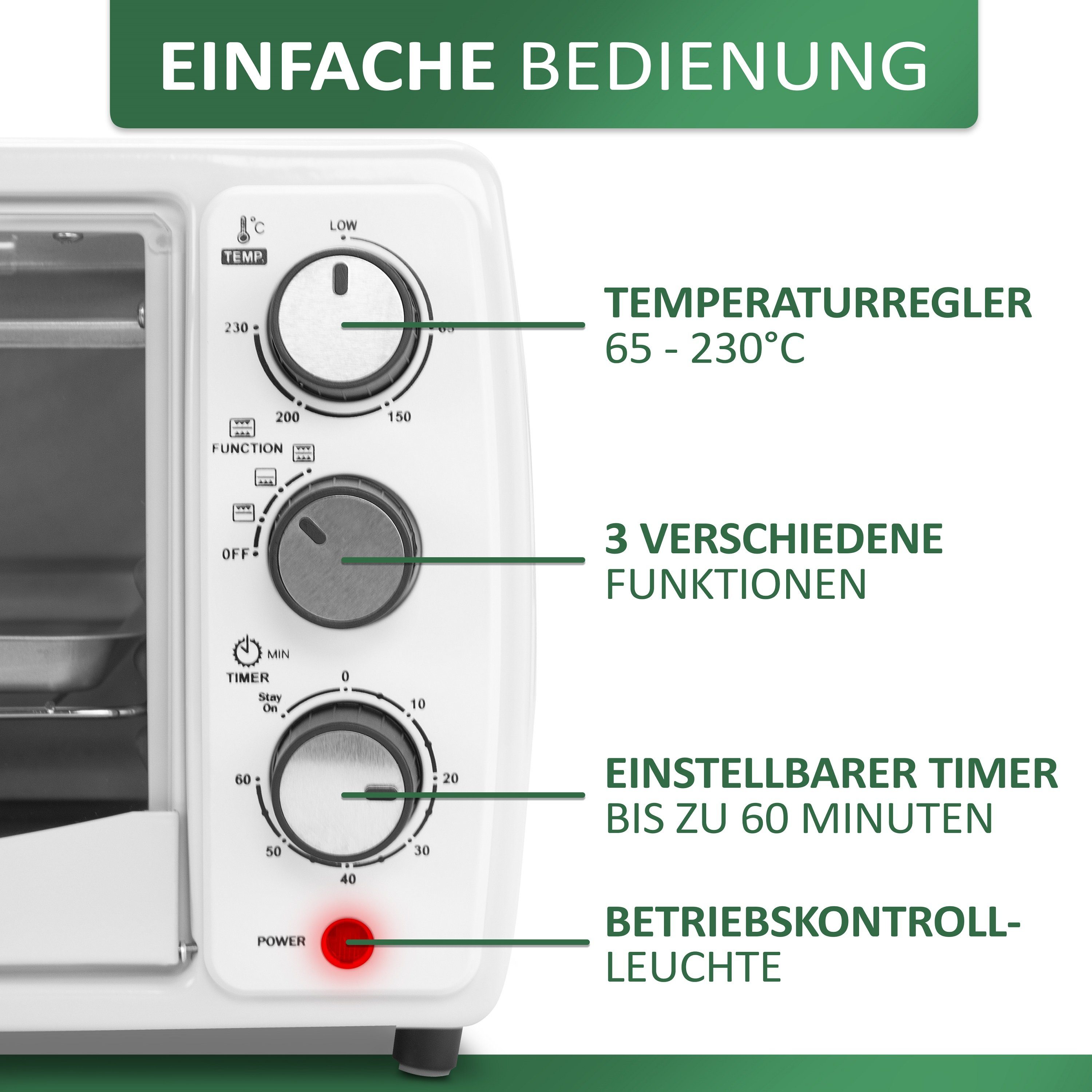 STEINBORG Minibackofen SB-3005w, 13 Liter, Großes Sichtfenster, Hitzebeständiges Gehäuse, 1200 Watt