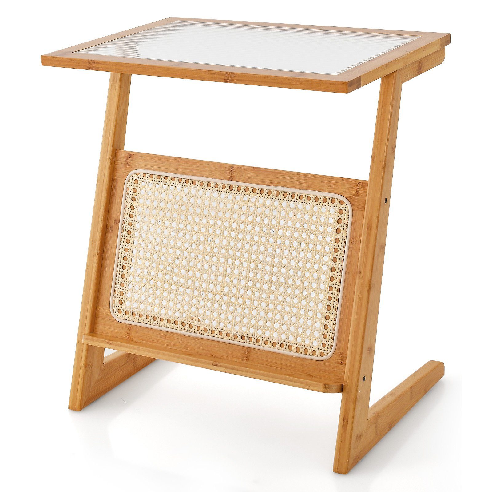 COSTWAY Beistelltisch, Bambus, Z-förmig, mit Rattan-Ablage & Glasplatte, Natur