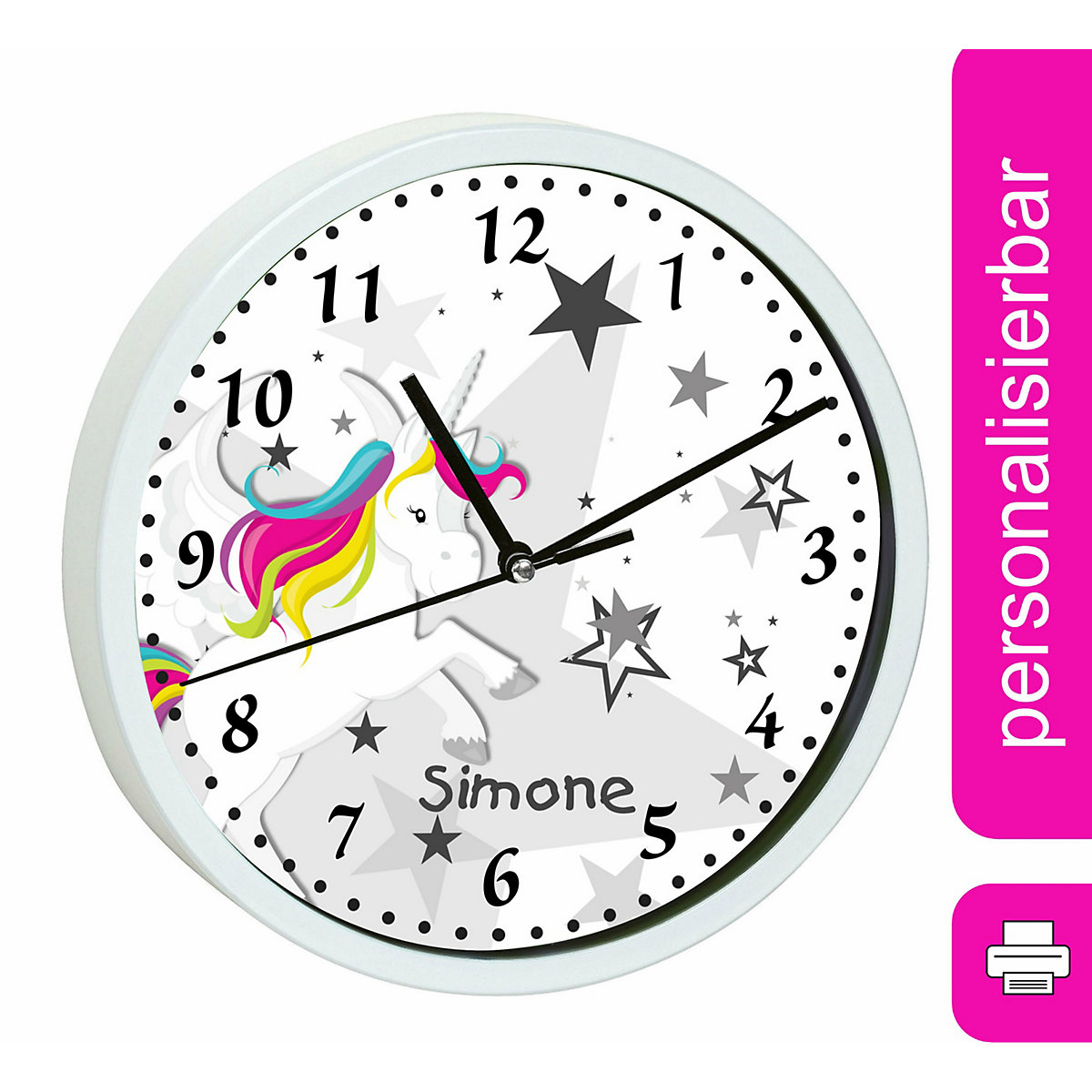 Kinder Wanduhr personalisiert mit Name Pegasus Sterne Grau