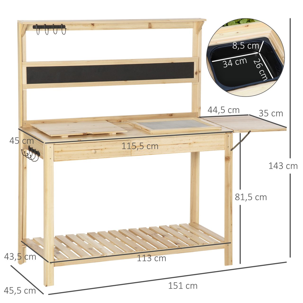 Outsunny Pflanztisch Gärtnertisch mit 8 Haken Schublade Natur 151x45,5x143 cm
