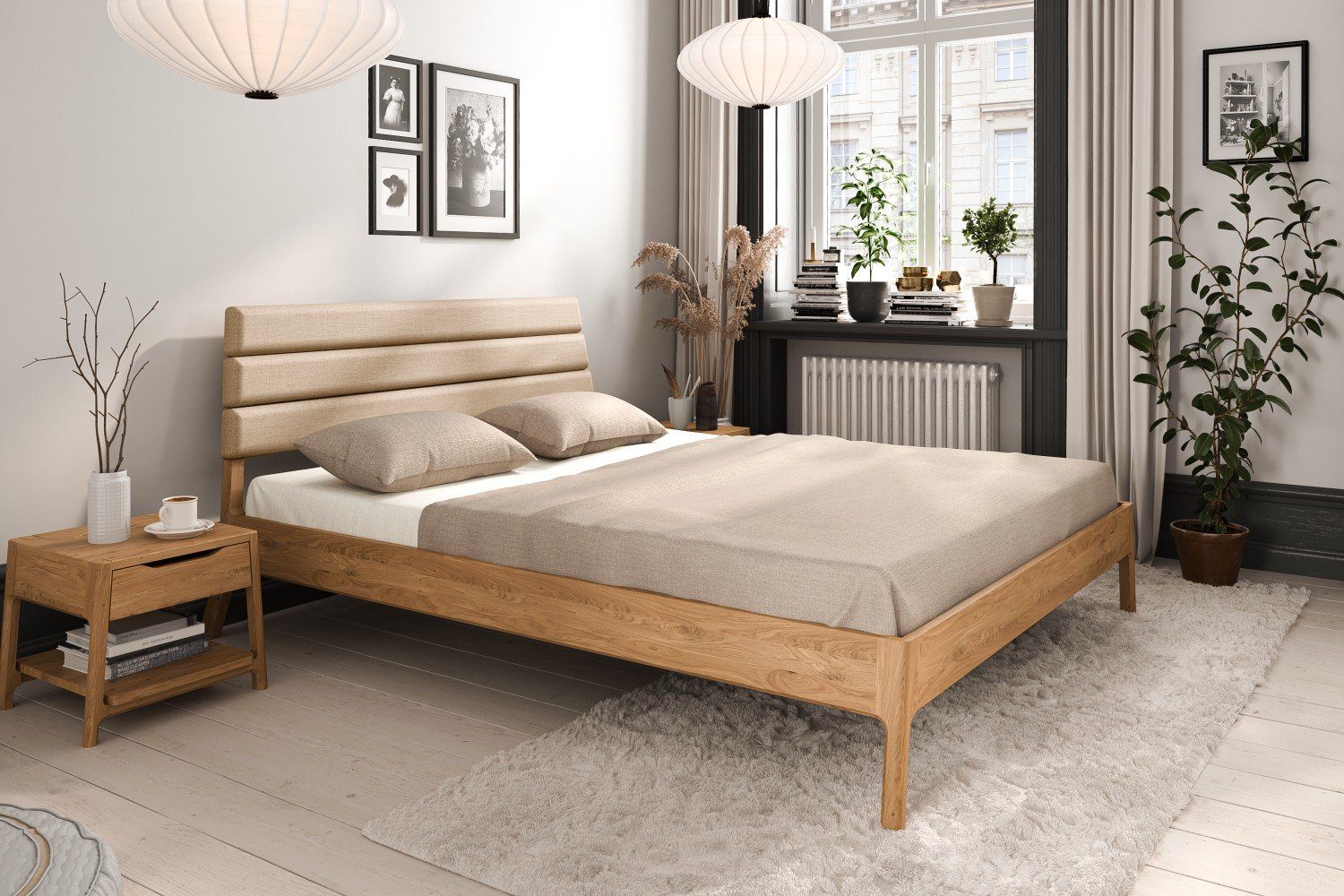byoak Massivholzbett TWIG 2 mit Polsterkopfteil 90x200 aus Wildeiche Naturgeölt