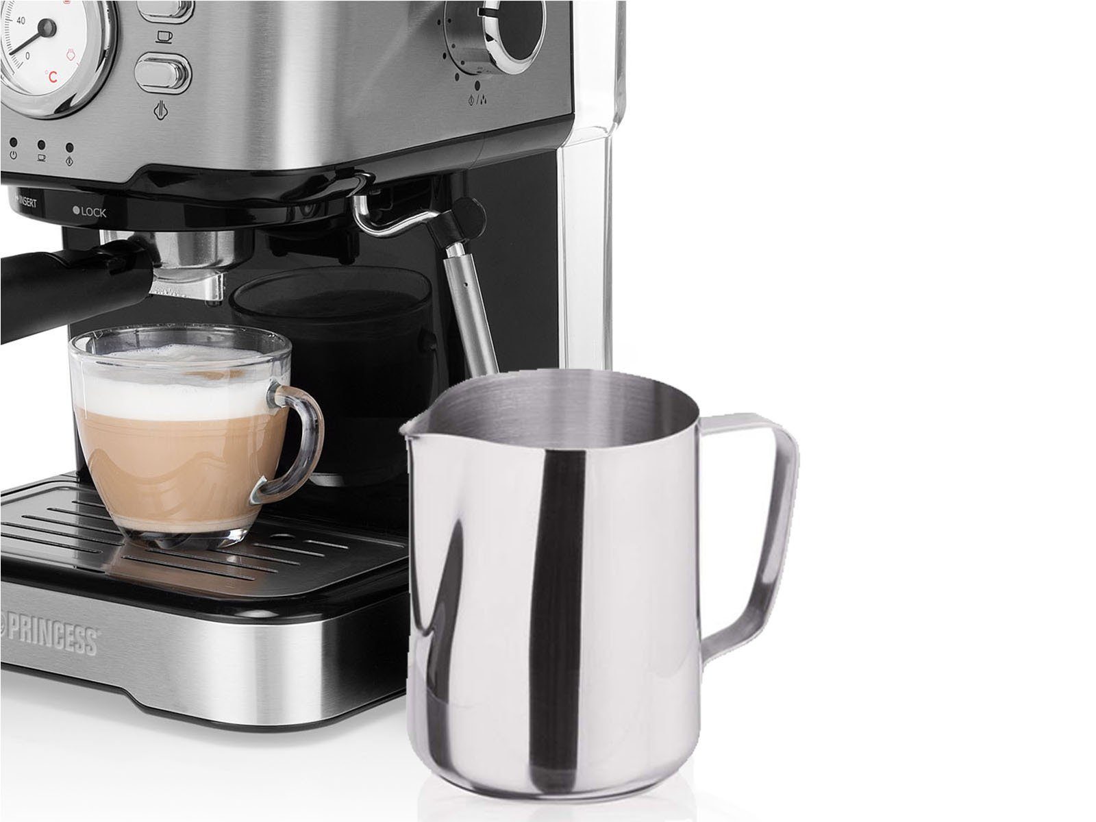 PRINCESS Siebträgermaschine, italienische Siebdruck Kaffee & Espresso-Maschine mit Milchaufschäumer