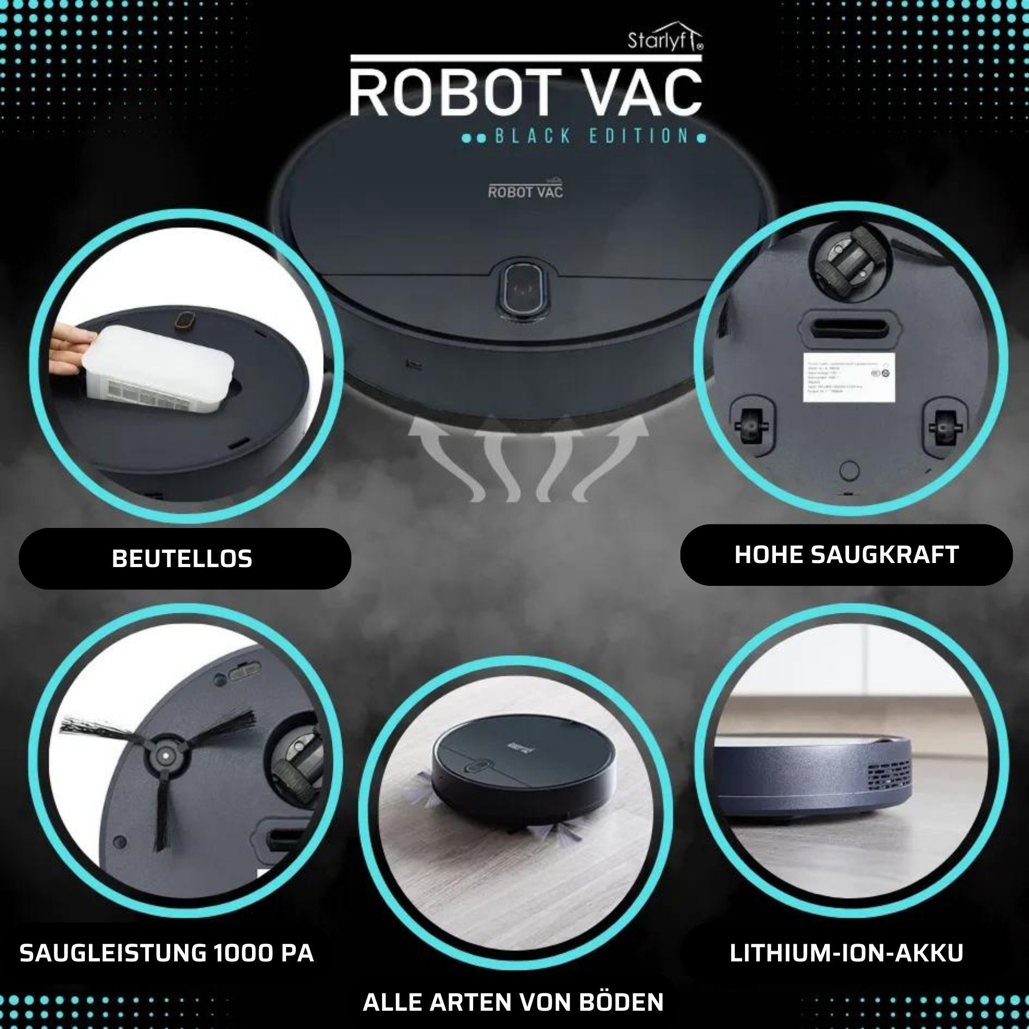 Starlyf Saugroboter Robot Vac, 10,00 W, beutellos, Staubsaugerroboter mit Wischfunktion, Teppich, Hartböden, 7,4V, leise