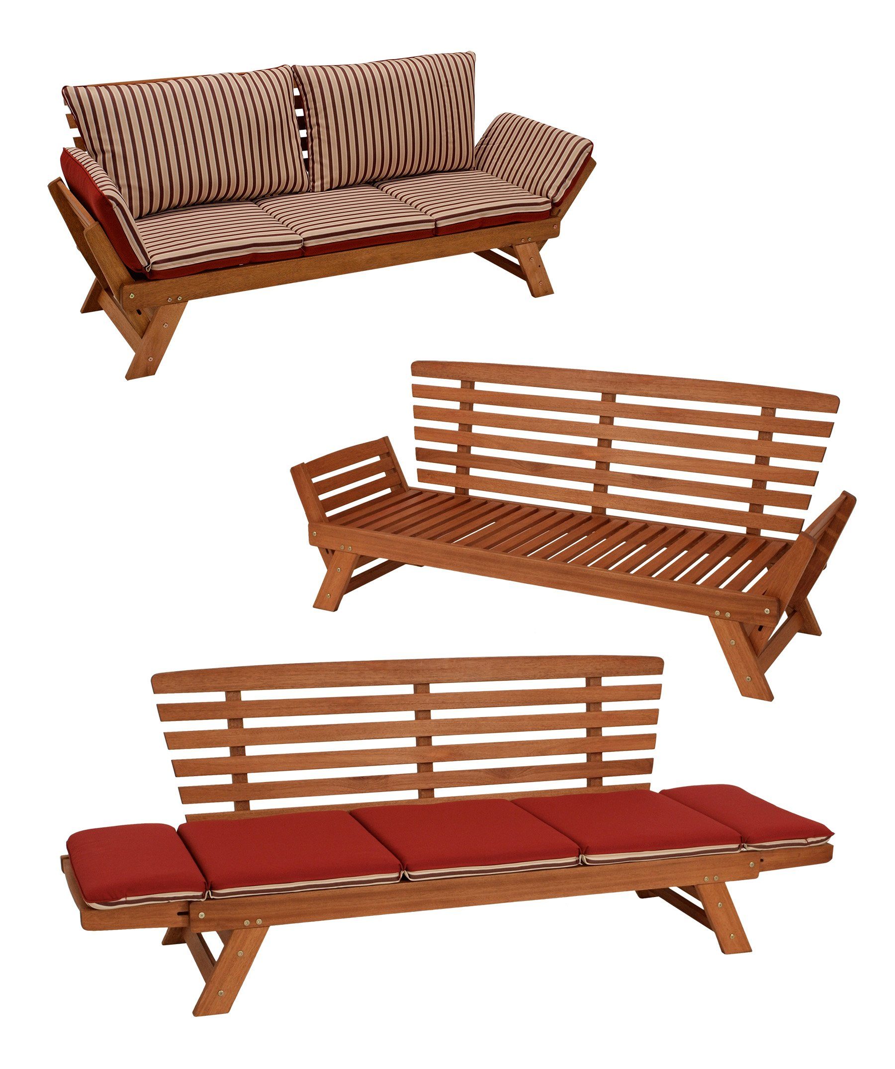 DEGAMO Gartenliege Liegesofa TIROL, 1 St., 202cm, Eukalyptus Hartholz, Wendeauflage rot/beige, Innen und Außen