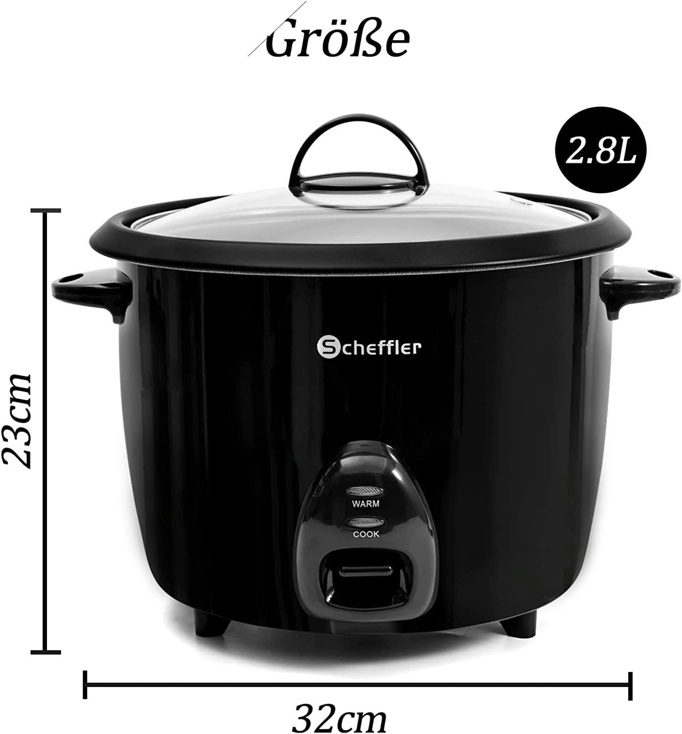 Scheffler Reiskocher 2.2-2.8L, 900-1000W, Warmhaltefunktion, Antihaftbeschichtung, inkl. Reislöffel + Messbecher