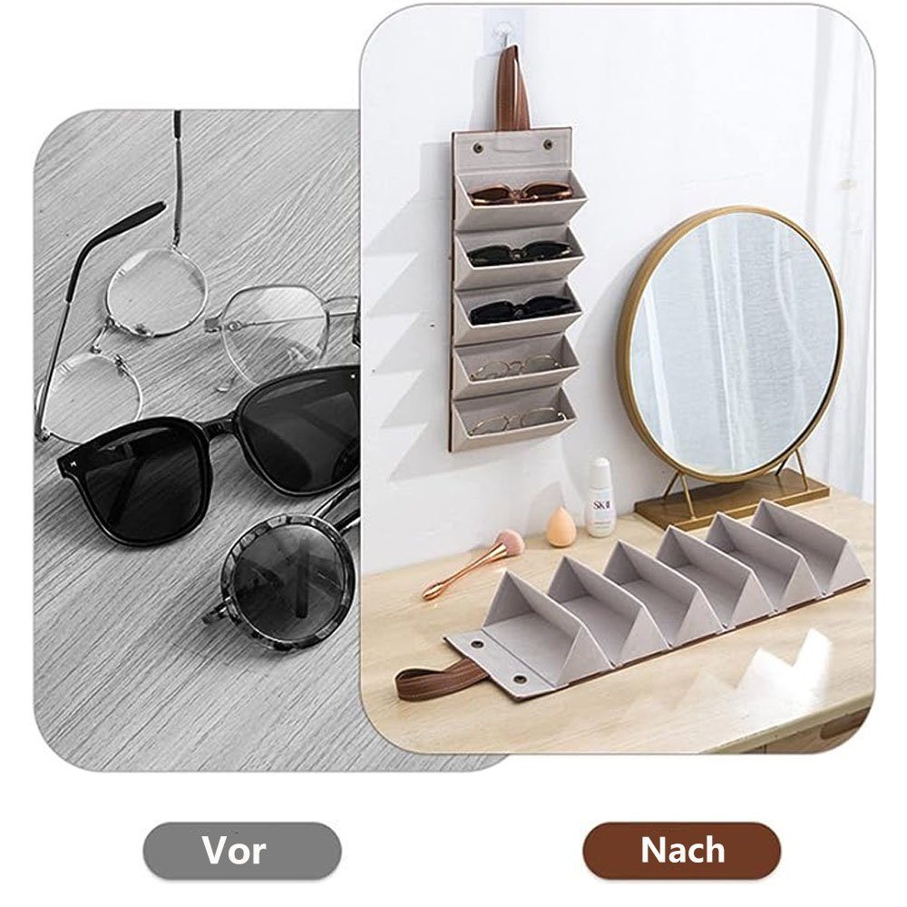 Sarfly Brillenetui Sonnenbrillen Aufbewahrungsbox 5 Fächer Sonnenbrillen Reise Organizer, PU Faltbare Brille Displaybox Tragbar Brillenbox