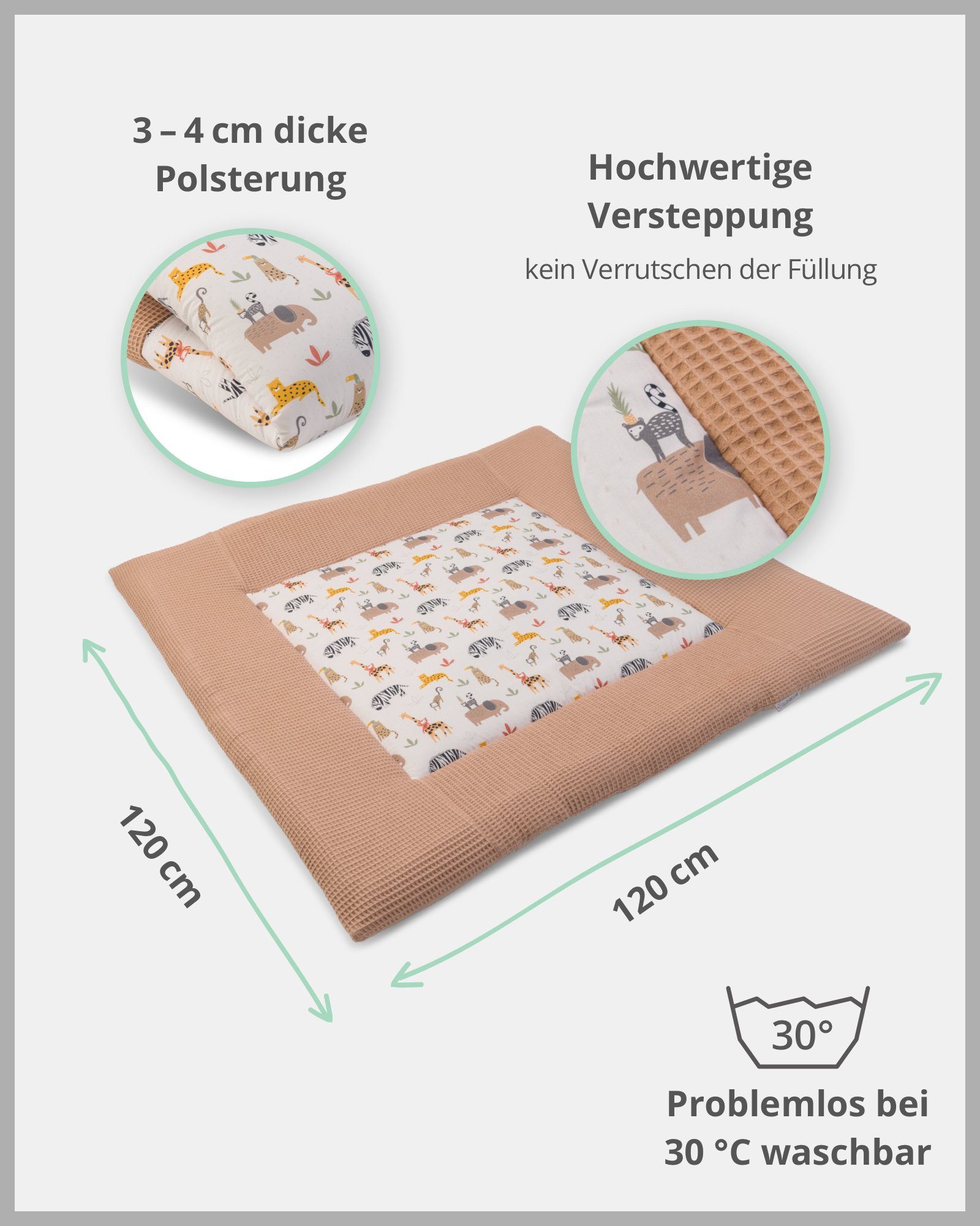 Krabbeldecke Krabbeldecke Babys 120x120 cm, Sand Savanne (Made in EU), ULLENBOOM ®, Dick gepolstert, Außenstoff 100% Baumwolle, in verschiedenen Größen