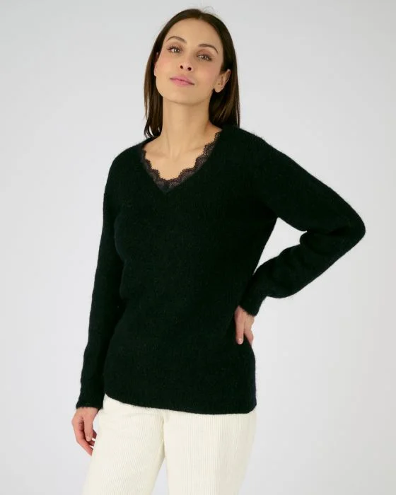 Pull mélange mohair col dentelle