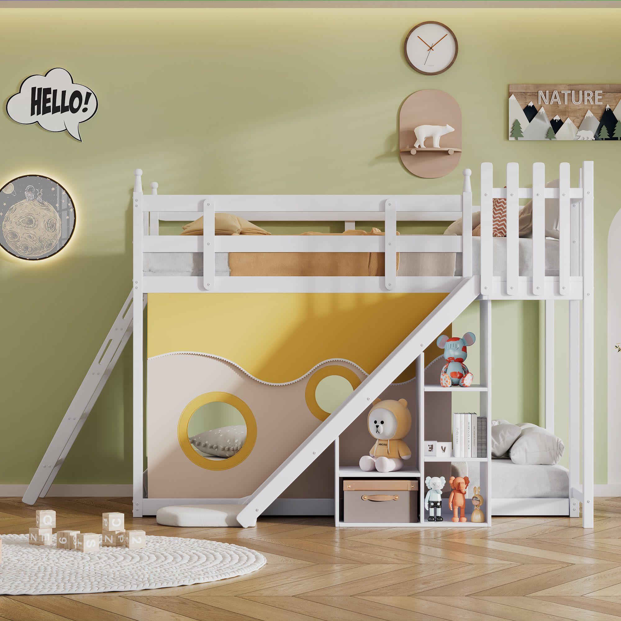 OKWISH Bett Kinderbett, Etagenbett, Holzbett mit Treppe und Zäune (mit Bettvorhang, Rutsche und Regal, mit Fallschutz und Gitter, Rahmen aus Kiefer, 90x200cm), Ohne Matratze
