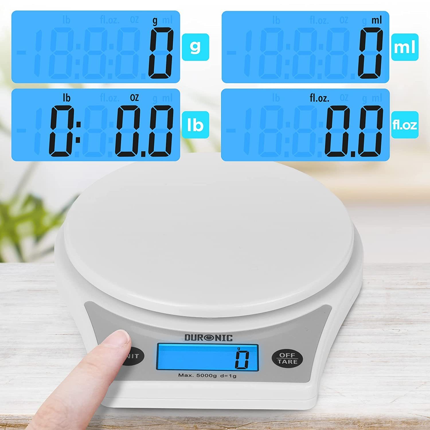 Duronic Küchenwaage, KS6000 WH/WH Küchenwaage, 5 kg Digitalwaage rund mit 2,5 L Schüssel