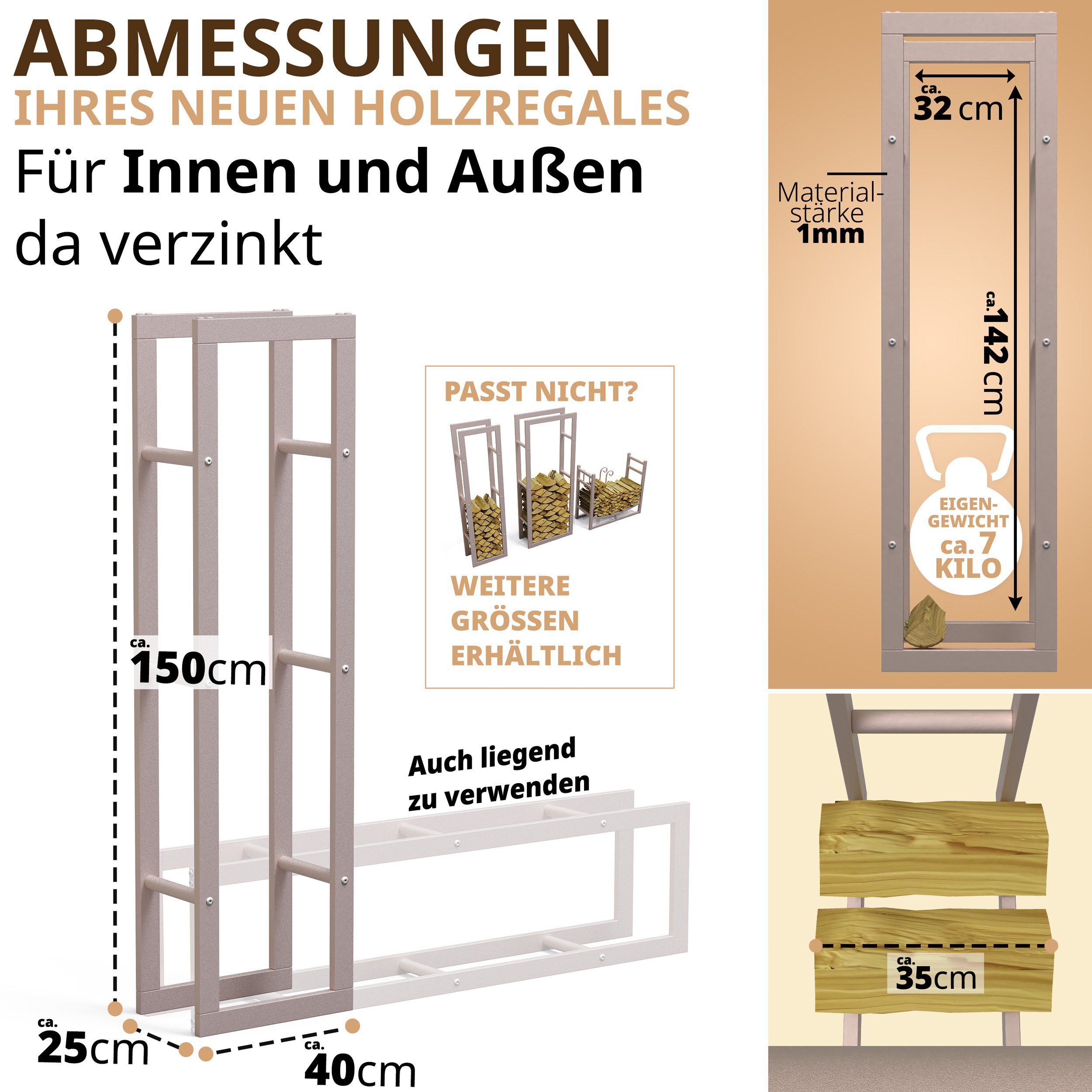 LAWA Living and Lifestyle Kaminholzregal Metall Feuerholzregal innen Kaminholzhalter Stapelhilfe Brennholz, BxTxH:40x25x150 cm, verzinkt, pulverbeschichtet, stehend, liegend, BEIGE / CREMEWEIß