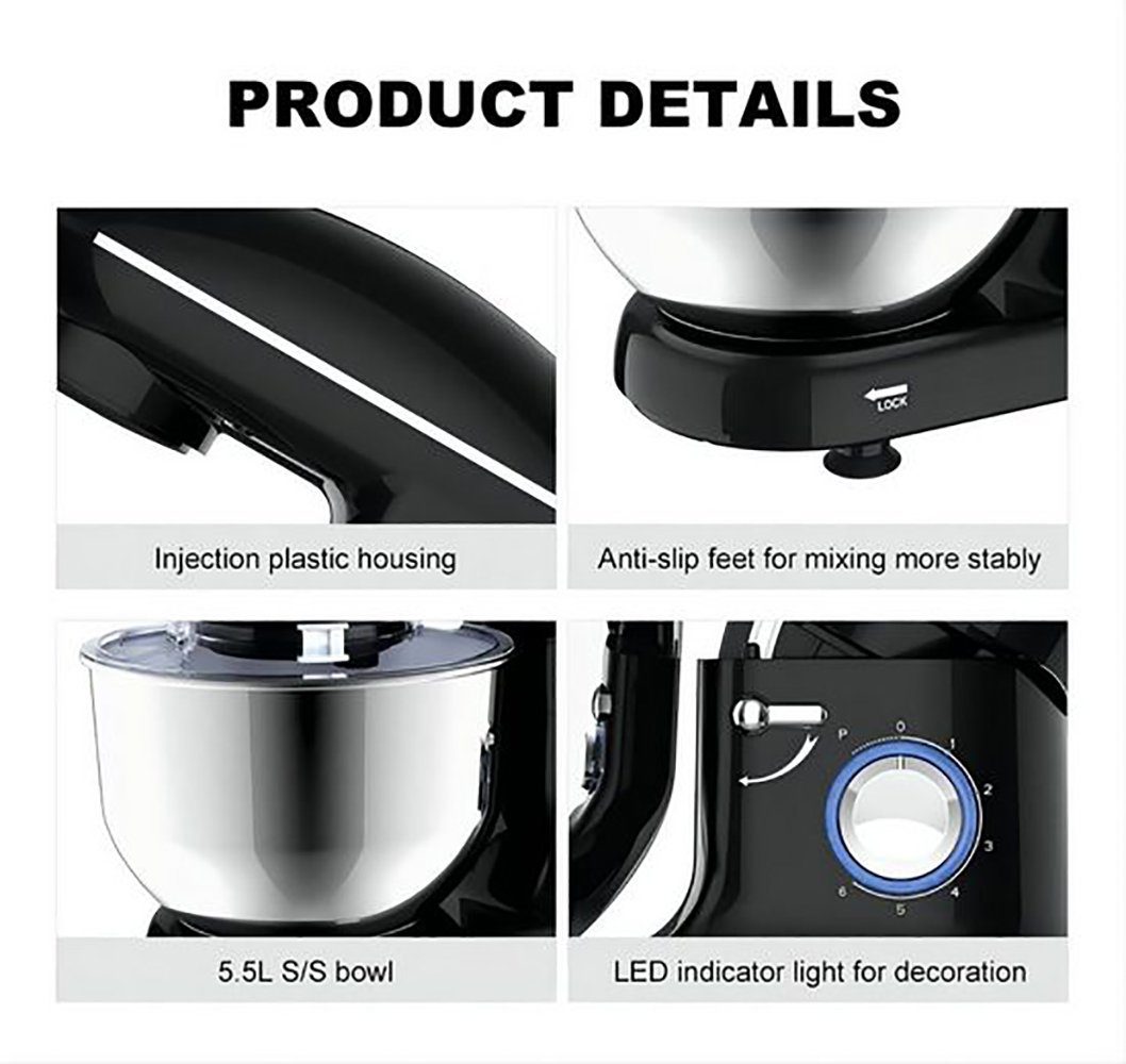 OKA Küchenmaschine 1500W Knetmaschine mit Multifunktionale, 5 l Edelstahlschüssel Küchengerät Rührbesen 10 einstellbare