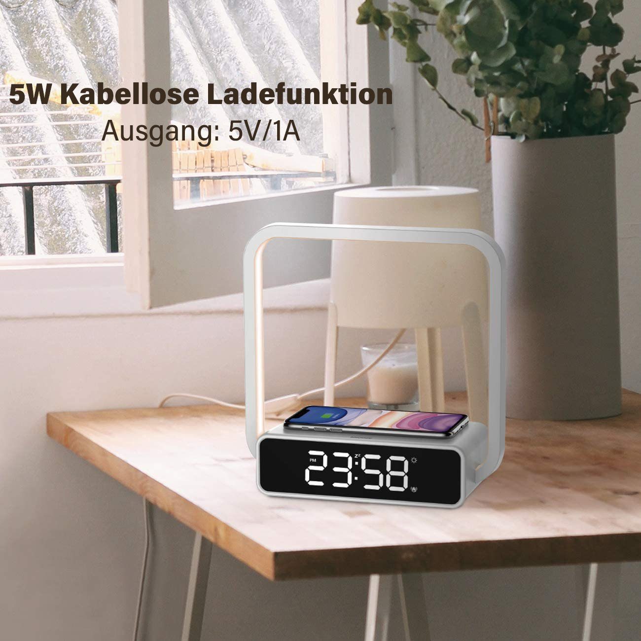 WILIT LED Nachttischlampe Tischleuchte Schlafzimmer Touch Tischlampe mit Ladefunktion Handy, LED fest integriert, Qi Ladefunktion, 3 Helligkeitsstufen, Wecker, Dimmbarer Display