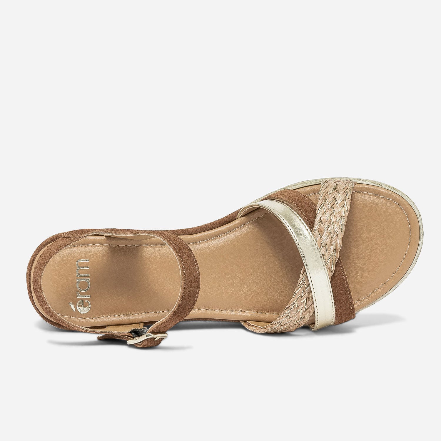 Sandale compensée camel en cuir velours