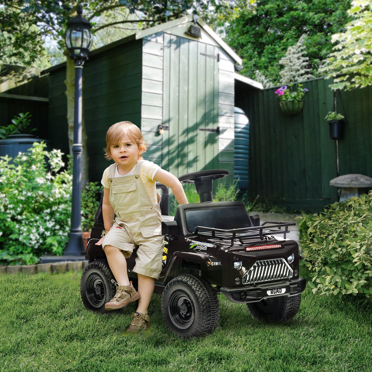 HOMCOM Elektro Kinderauto, Geländewagen mit Musikanschluss, Stauraum, Schwarz