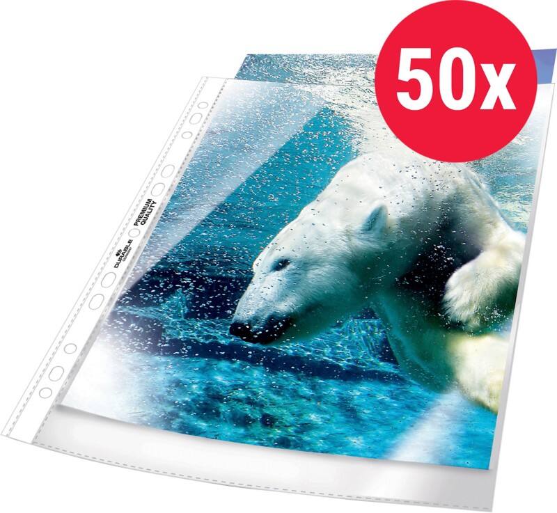 DURABLE Premium Prospekthüllen DIN A4 Glasklar Transparent 80 Mikron PP (Polypropylen) Oben 11 Löcher 2677 50 Stück