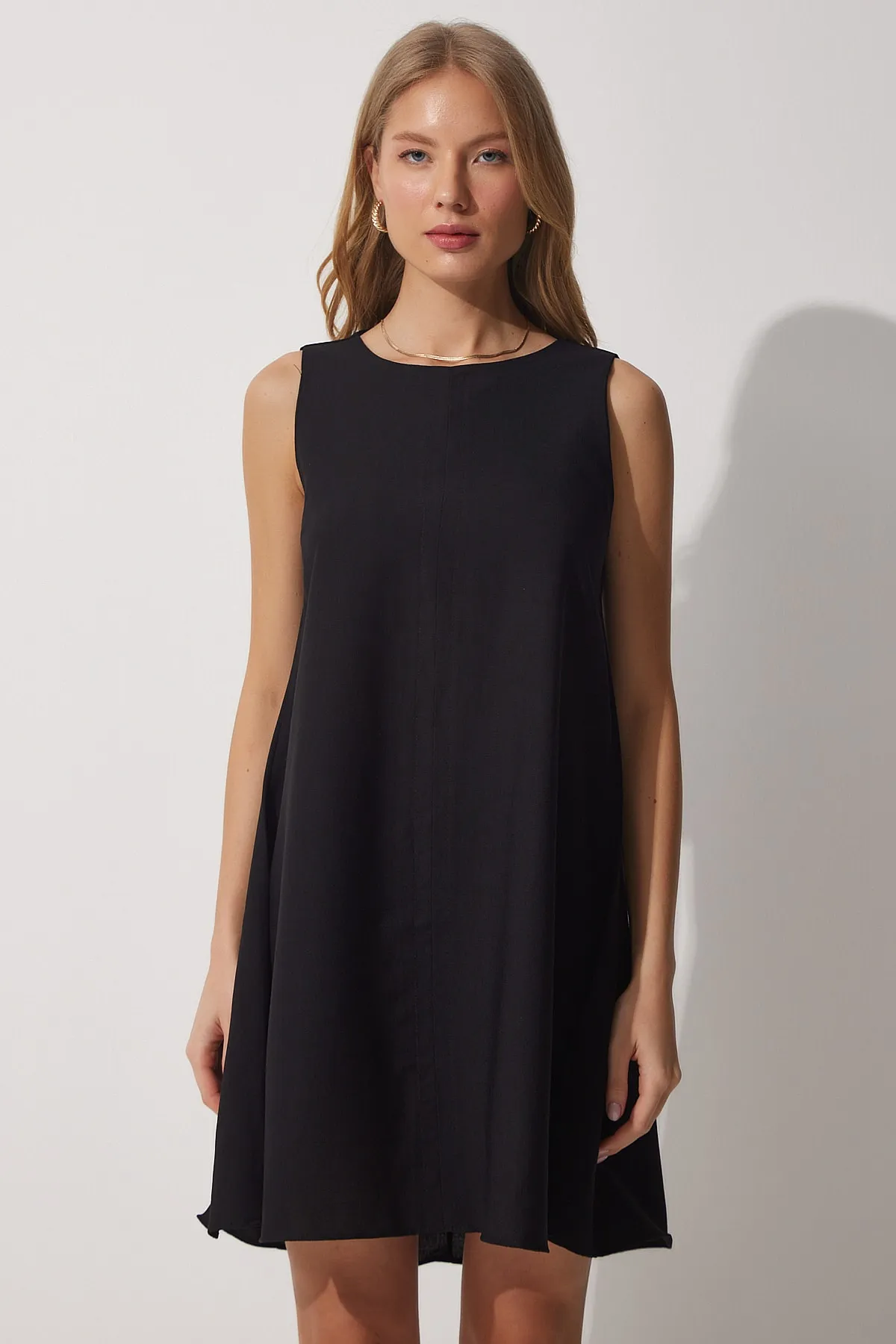 Happiness İstanbul  Schwarzes gewebtes A-Linien-Sommerkleid für Damen BF00067