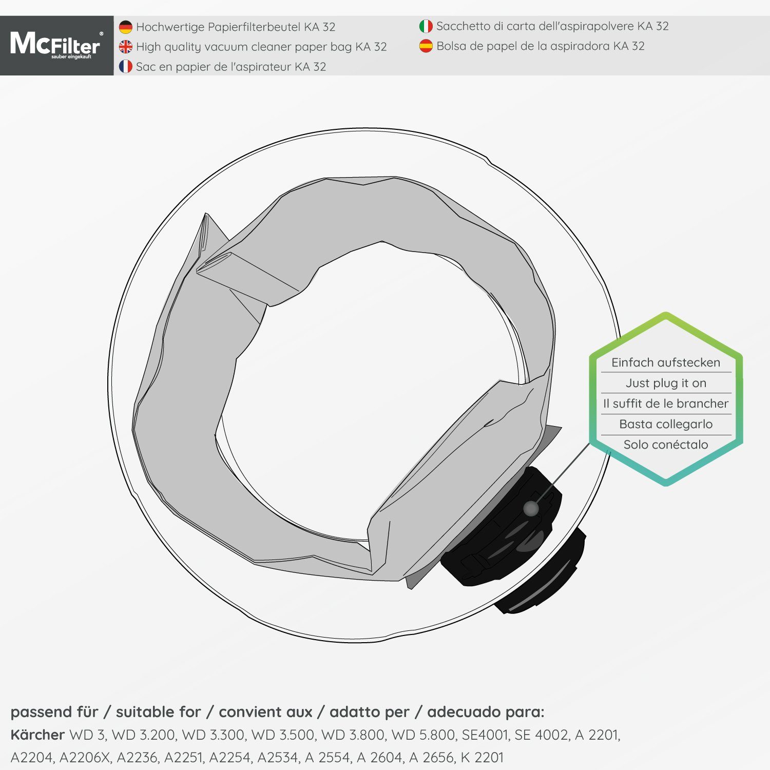 McFilter Staubsaugerbeutel (10 Stück) geeignet für Kärcher 6.959-130.0, passend für Kärcher Nass-Trockensauger WD3 WD 3 und MV3 MV 3 Staubsauger, Gummidichtring, hohe Reißfestigkeit, ungeeignet für Fein - und Schleifstaub, 10 St., Filterpapier, 3-lag
